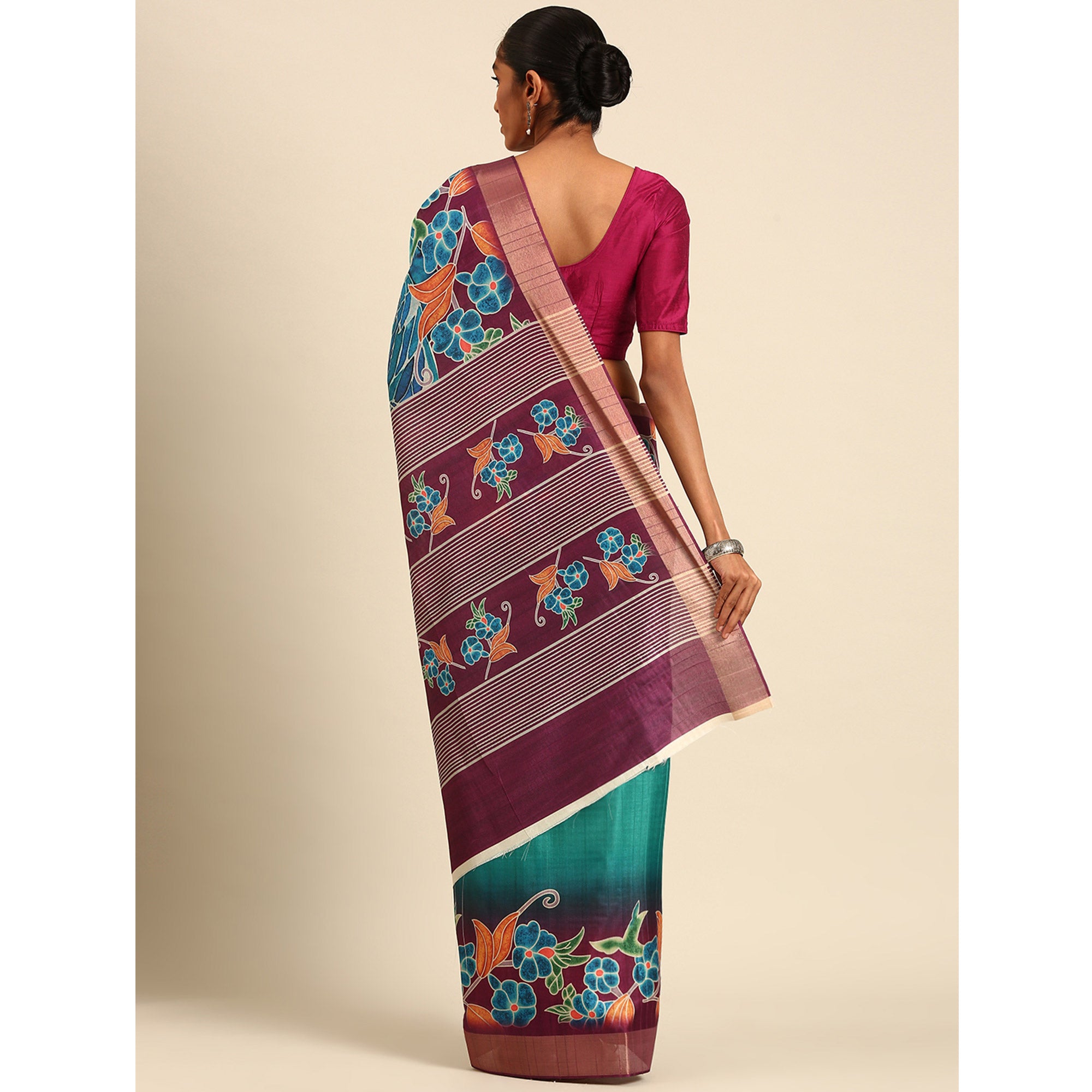 Turquoise Digital Printed Cotton Blend Saree With Woven Border