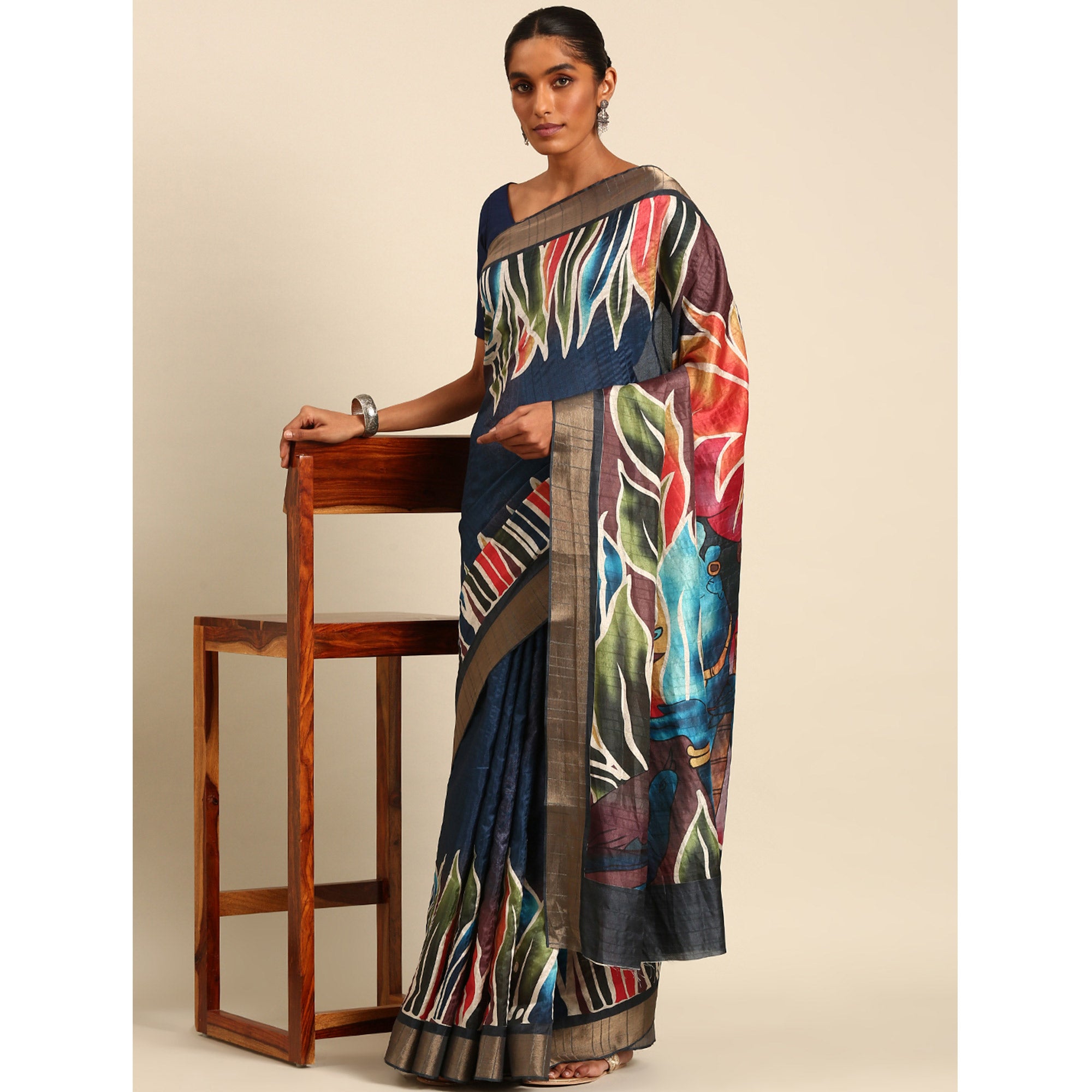 Blue Digital Printed Cotton Blend Saree With Woven Border