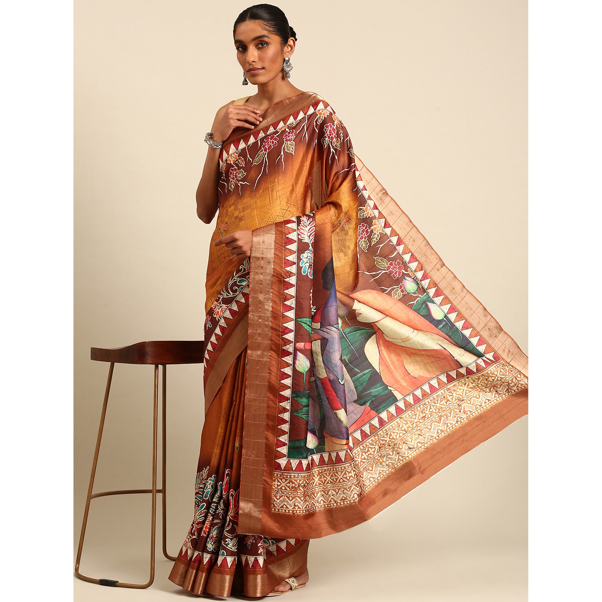 Orange Digital Printed Cotton Blend Saree With Woven Border