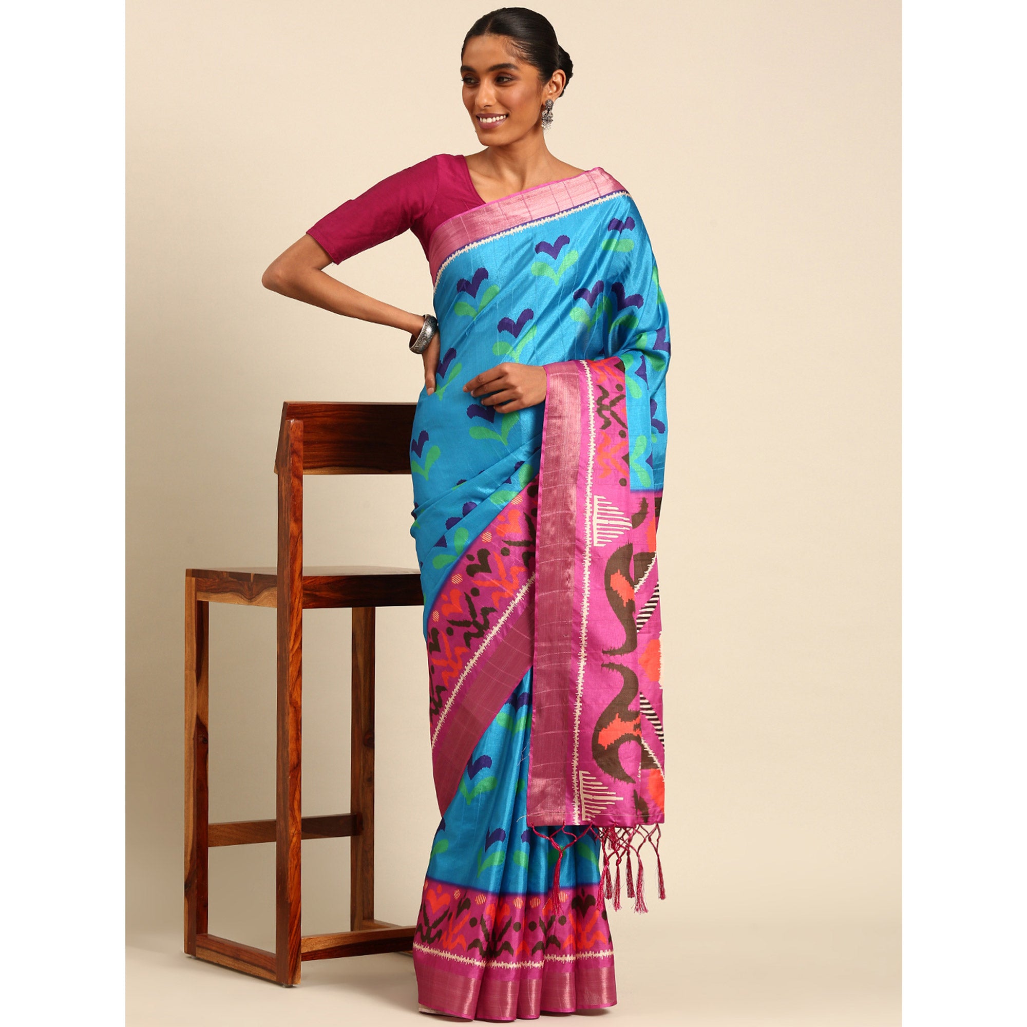 Blue Digital Printed Cotton Blend Saree With Woven Border