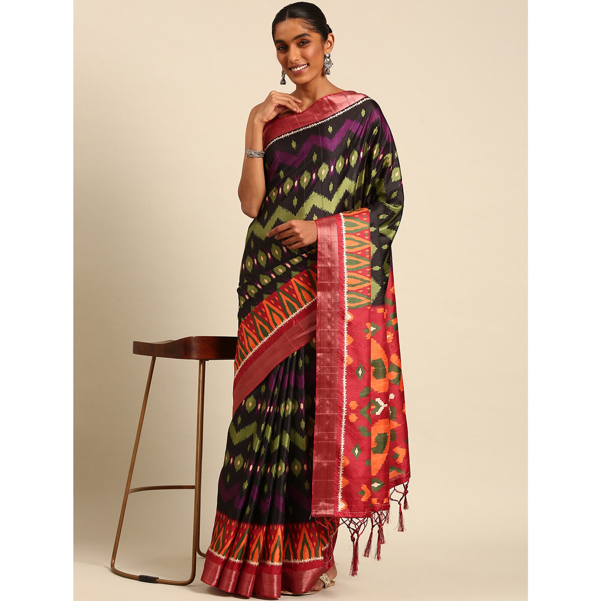 Black Digital Printed Cotton Blend Saree With Woven Border