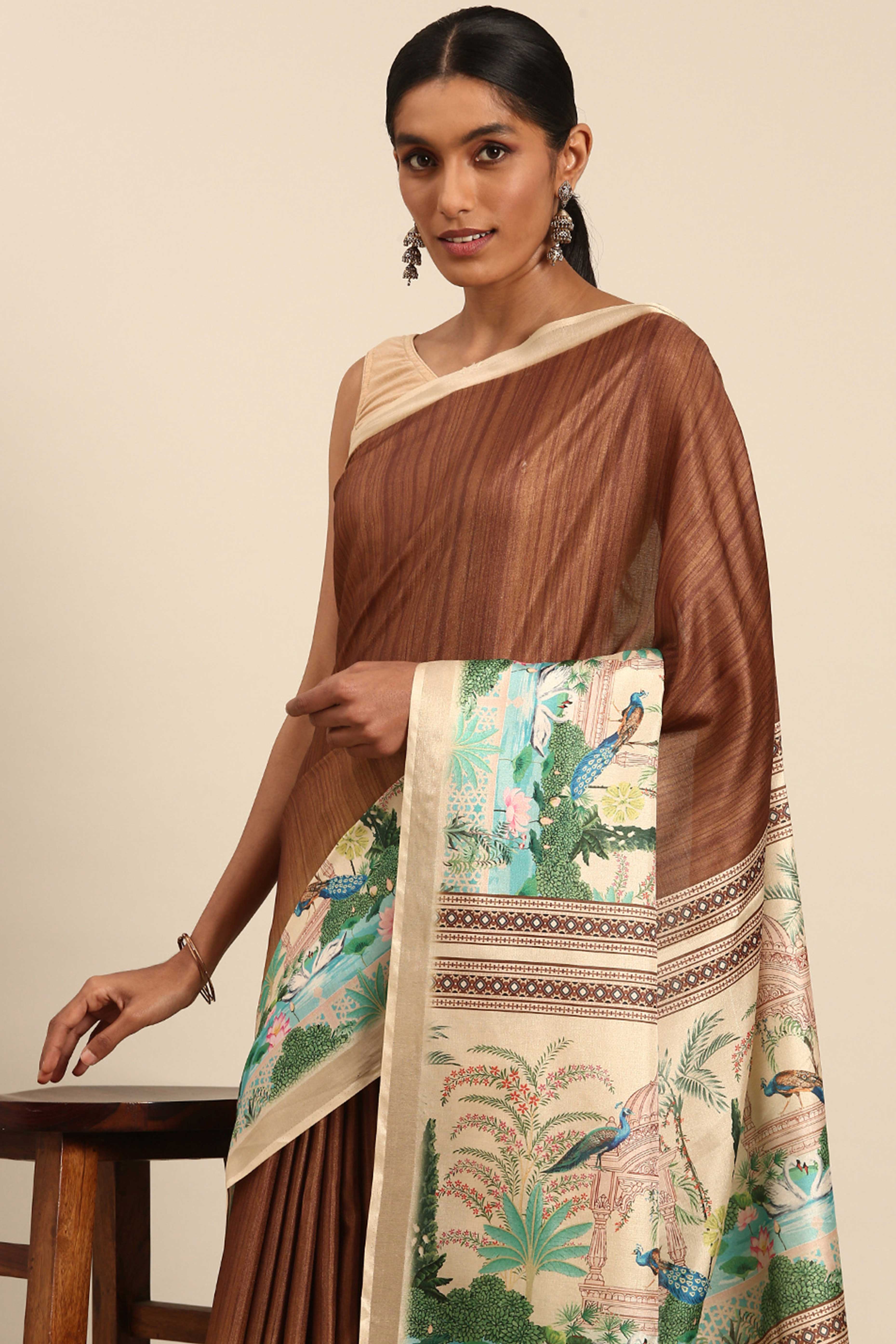 Brown Digital Printed Cotton Silk Saree