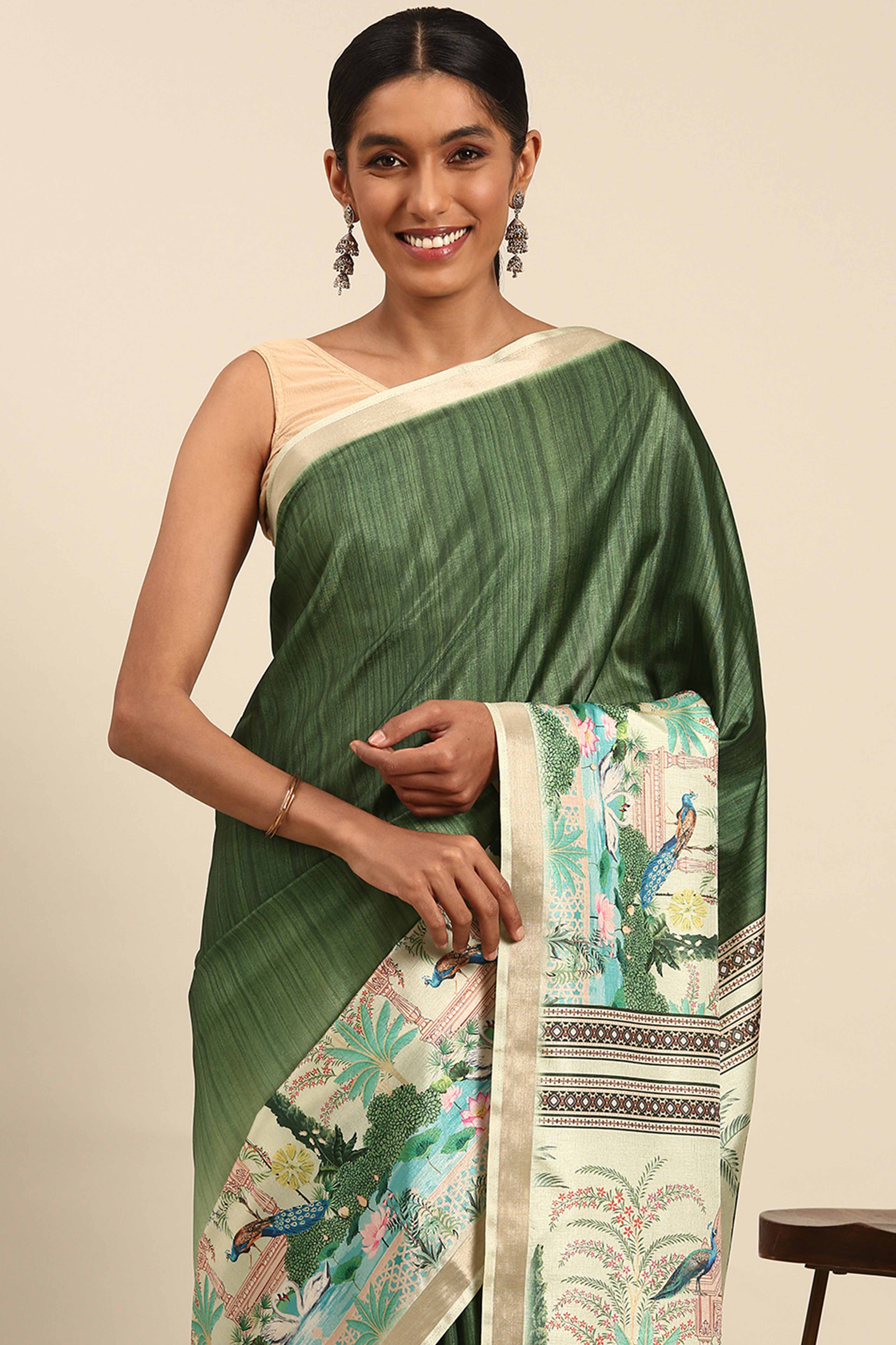 Green Digital Printed Cotton Silk Saree