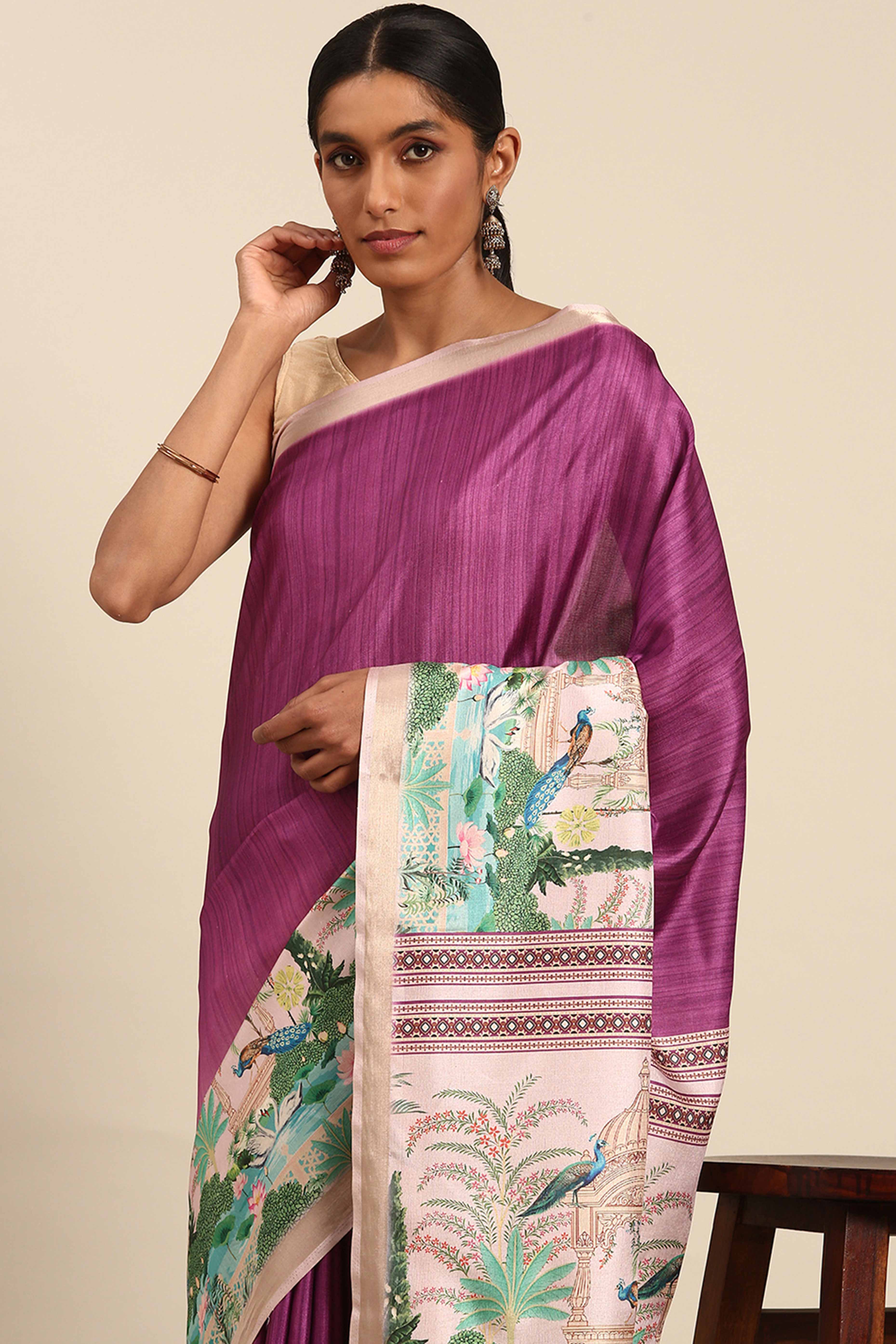 Purple Digital Printed Cotton Silk Saree