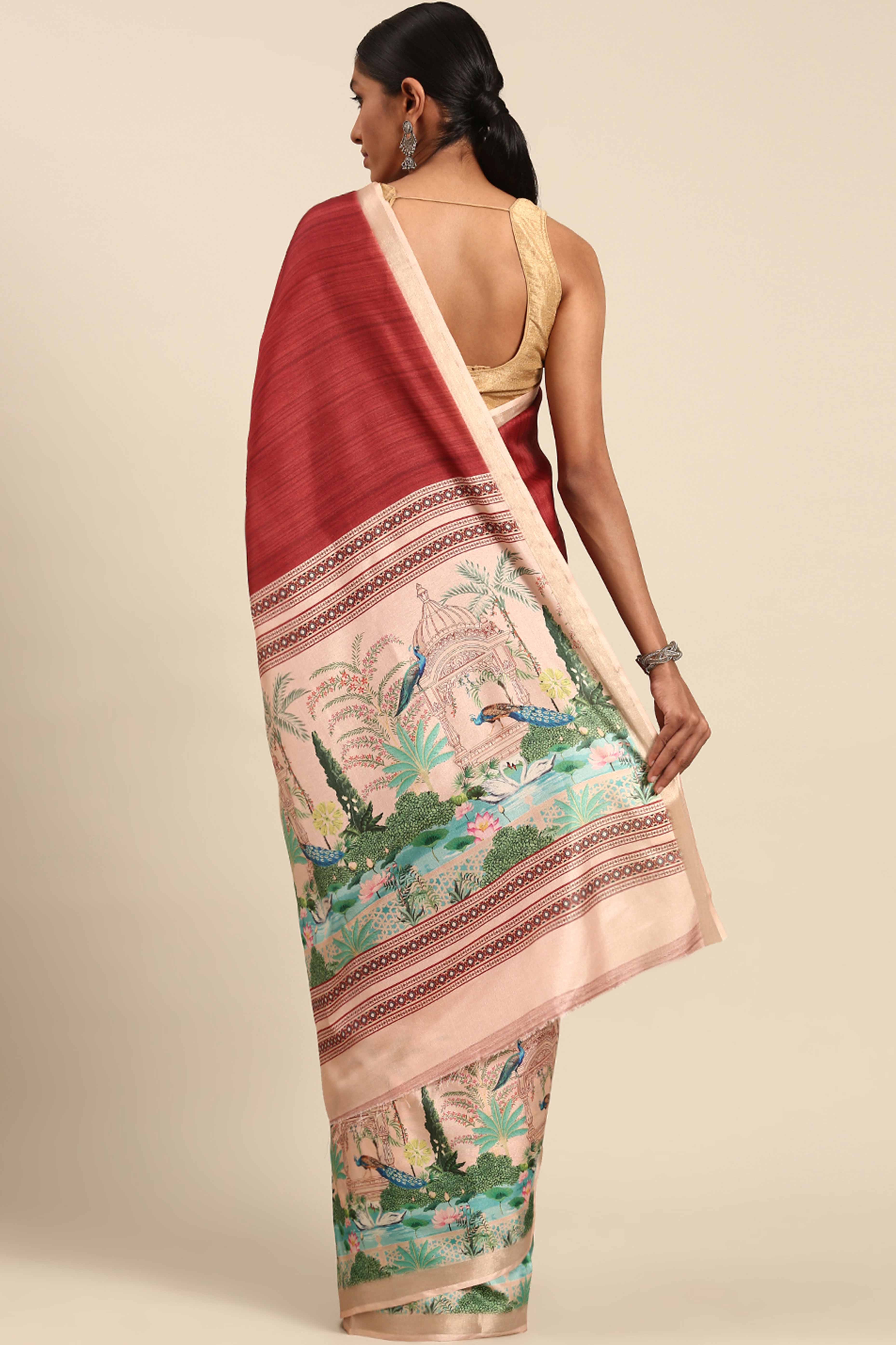 Maroon Digital Printed Cotton Silk Saree