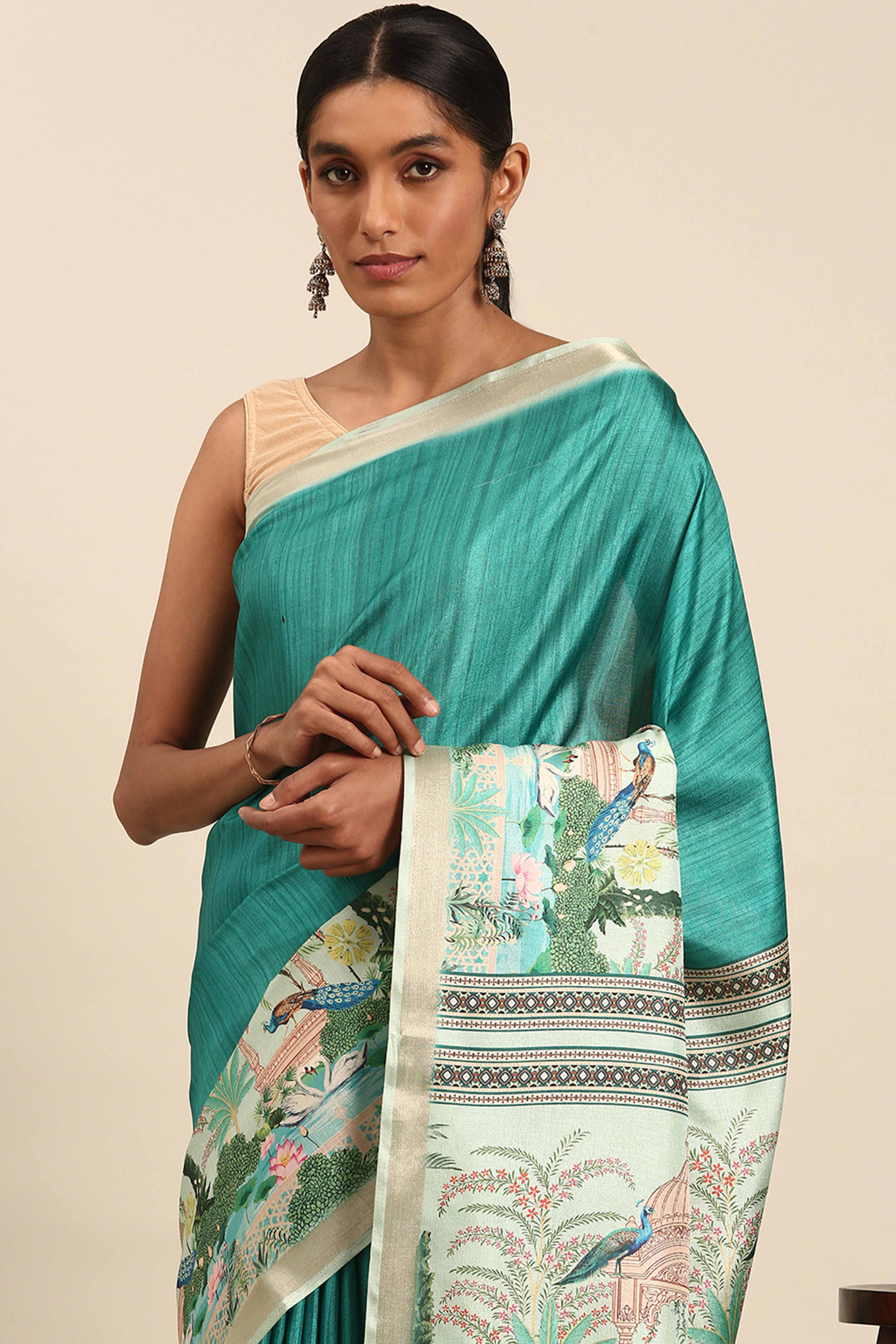 Turquoise Digital Printed Cotton Silk Saree