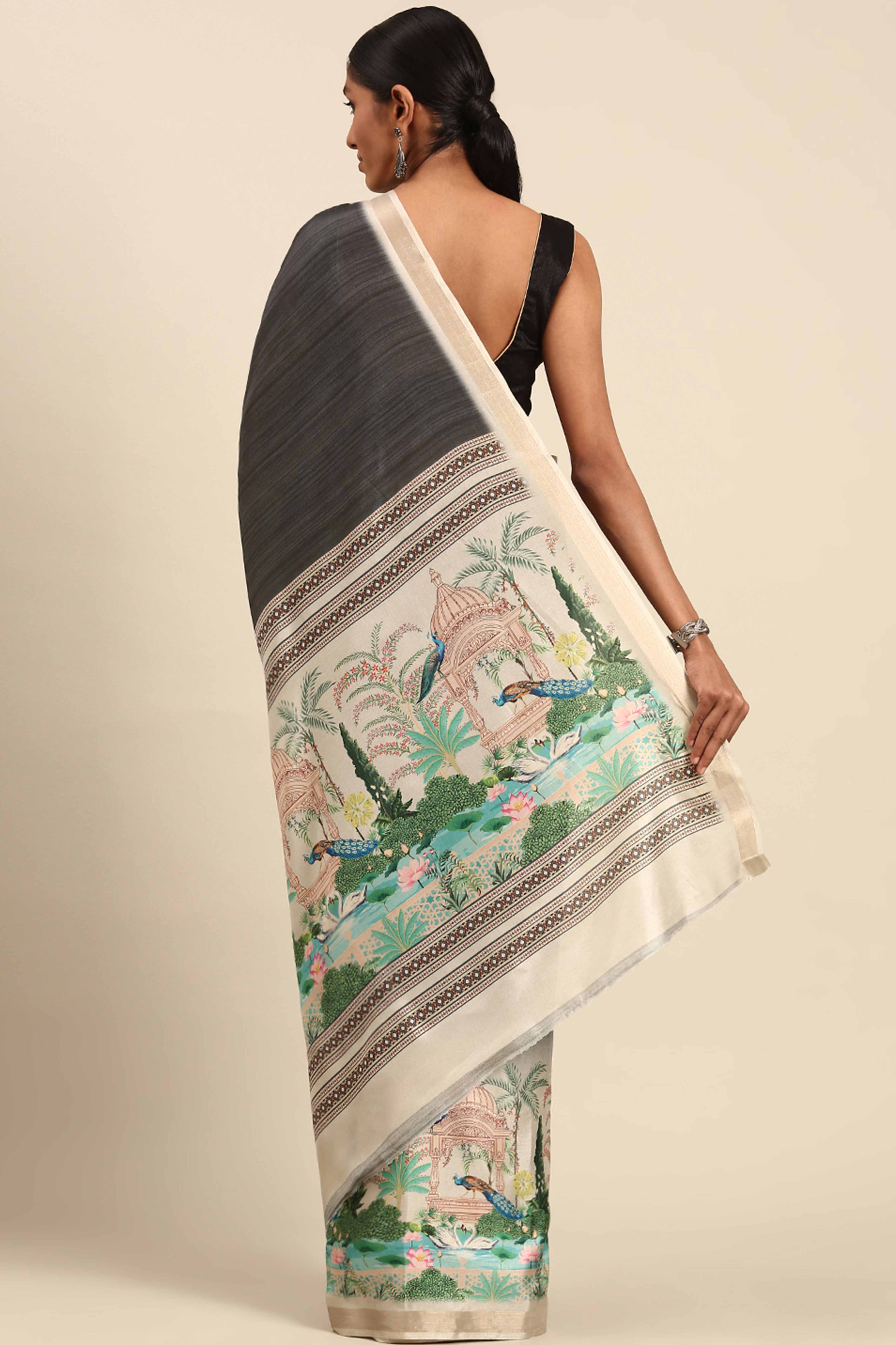 Grey Digital Printed Cotton Silk Saree