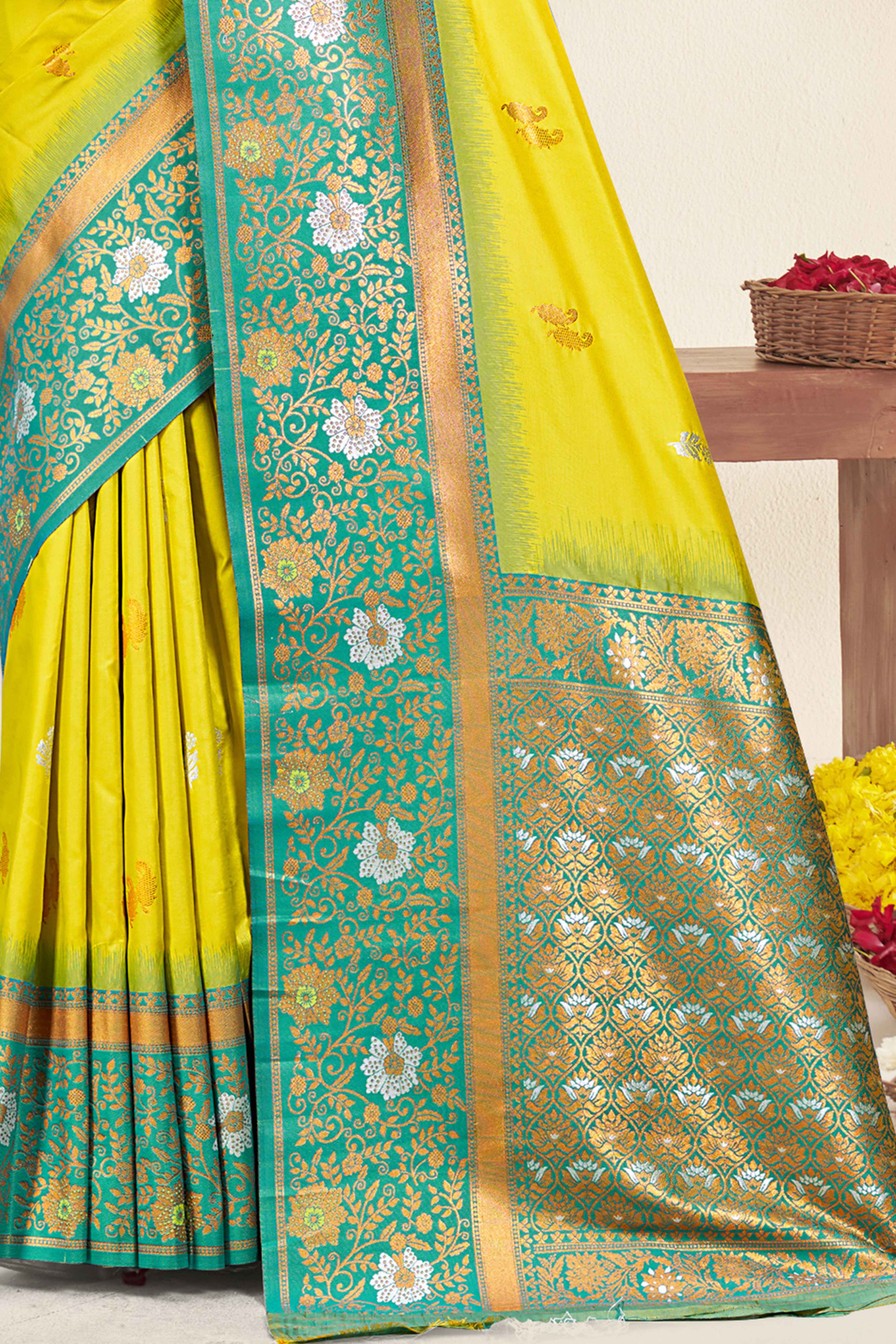 Lemon Yellow Floral Woven Banarasi Silk Saree