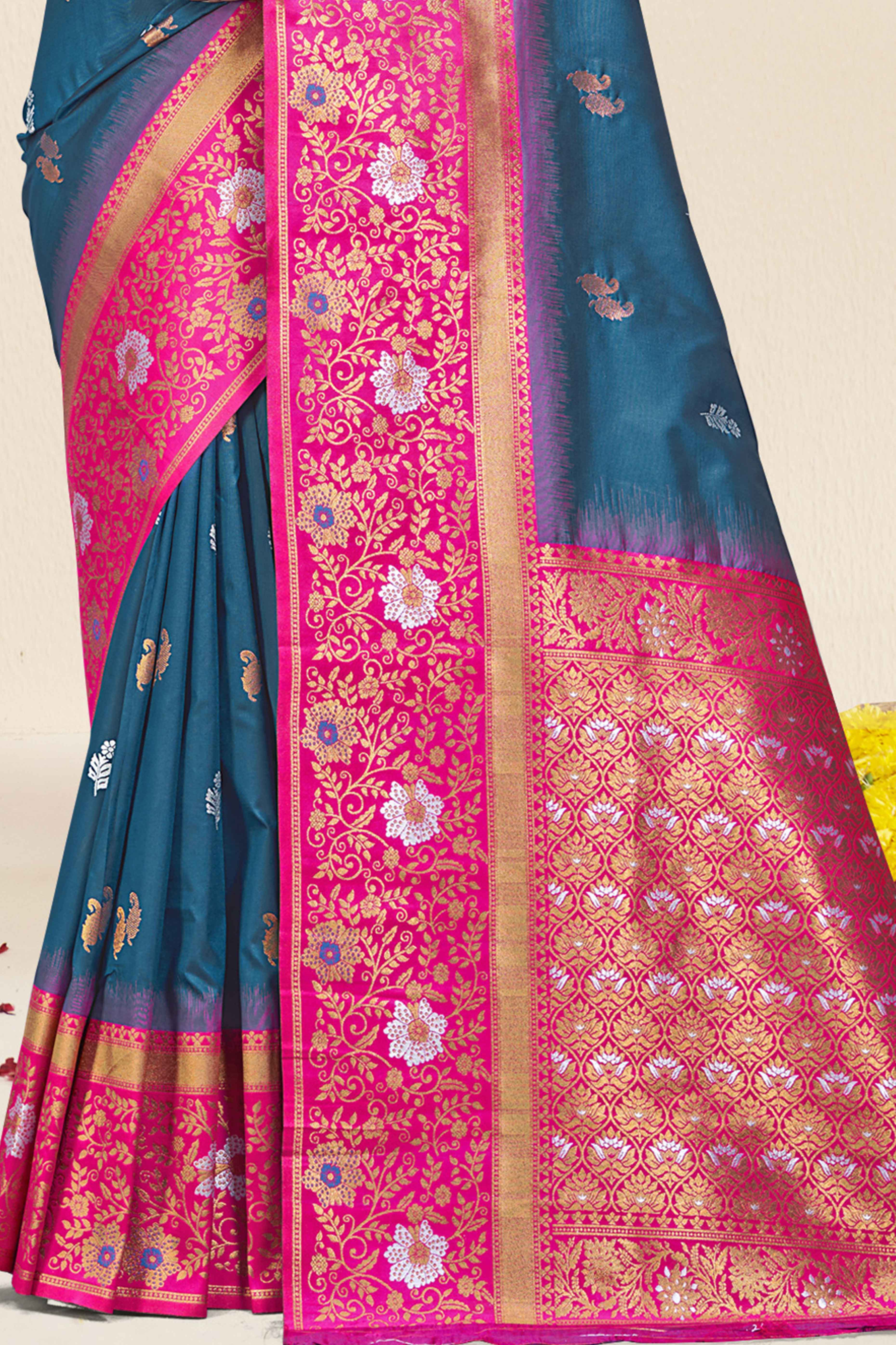 Blue Floral Woven Banarasi Silk Saree