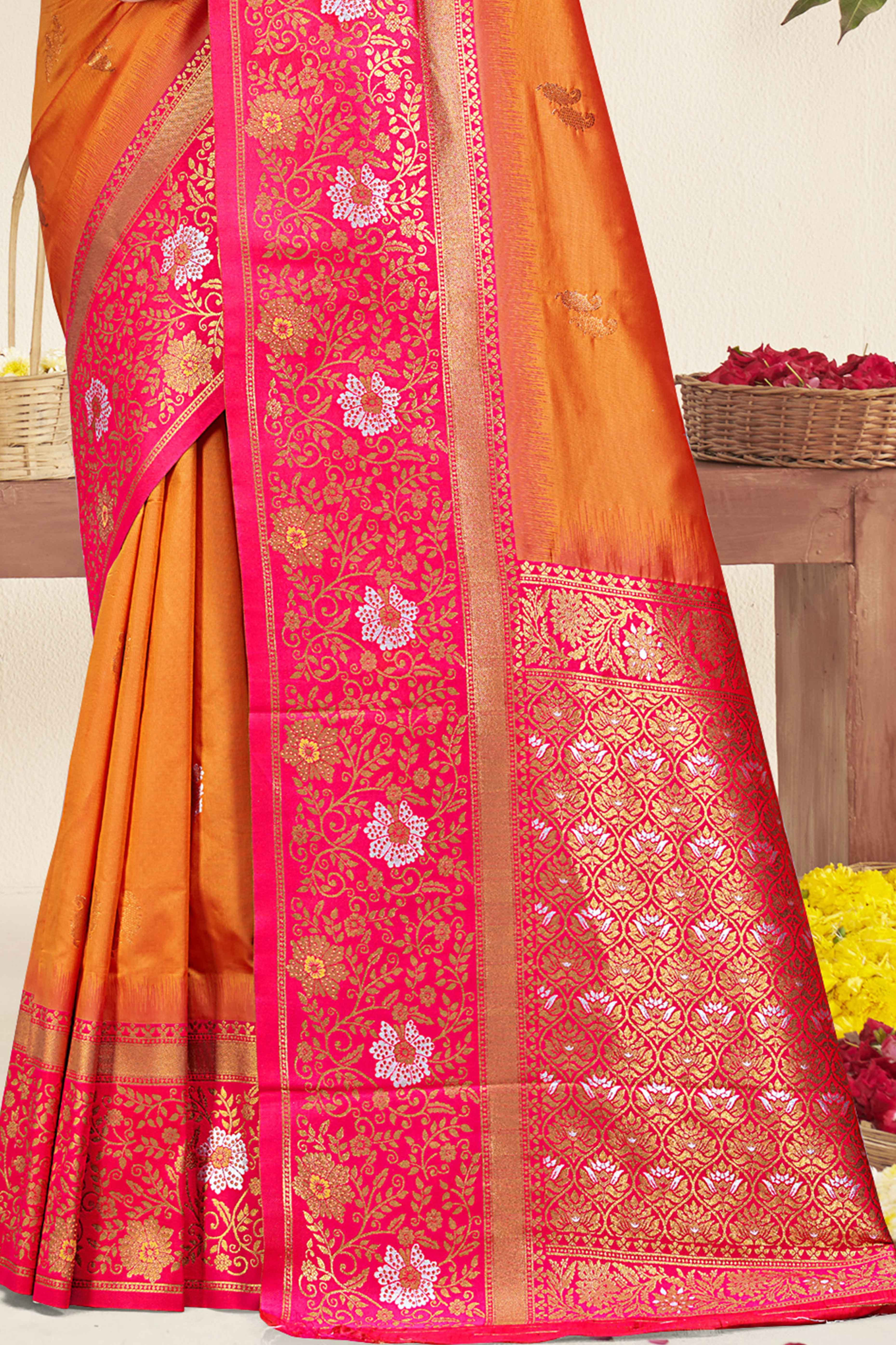 Orange Floral Woven Banarasi Silk Saree