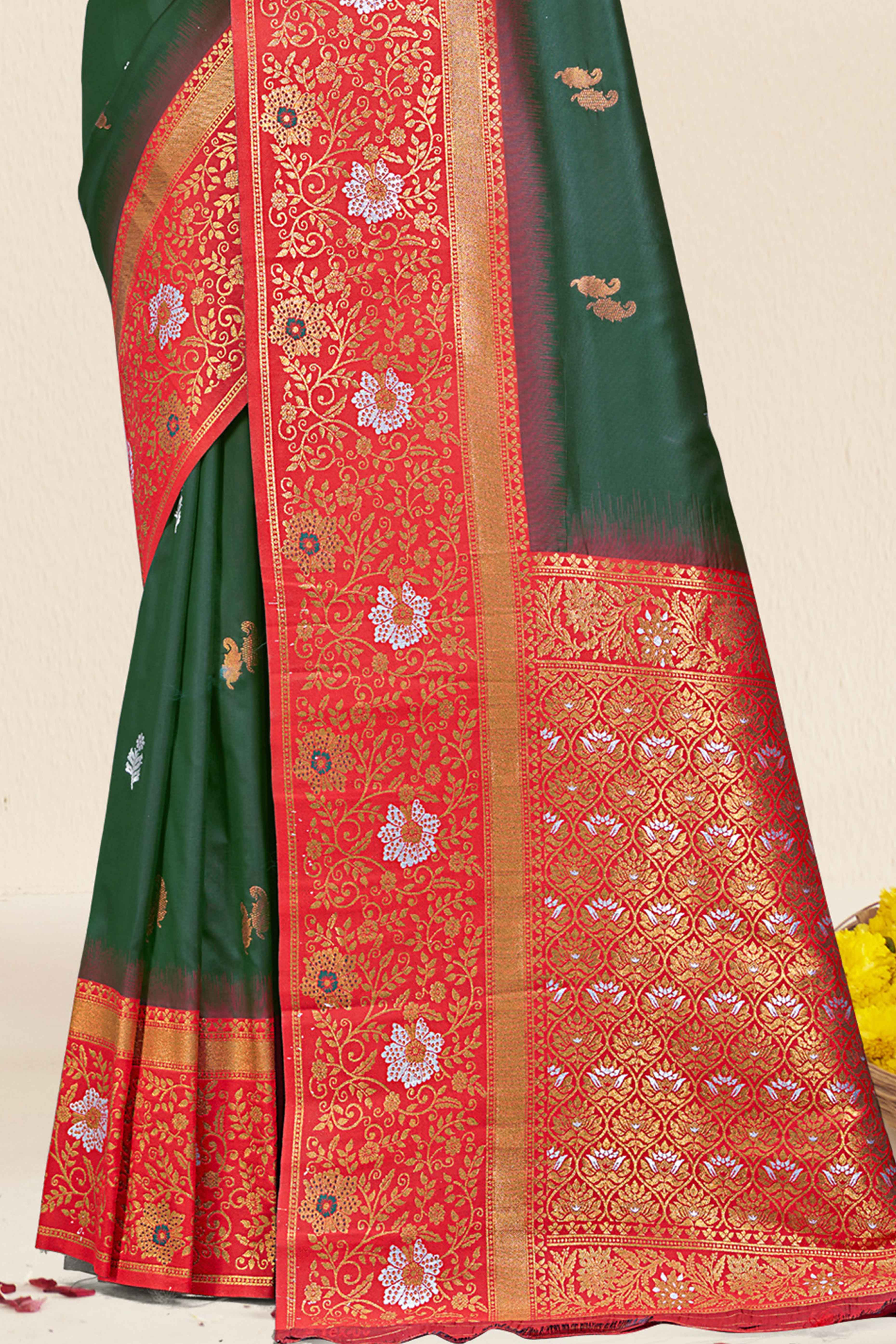 Green Floral Woven Banarasi Silk Saree