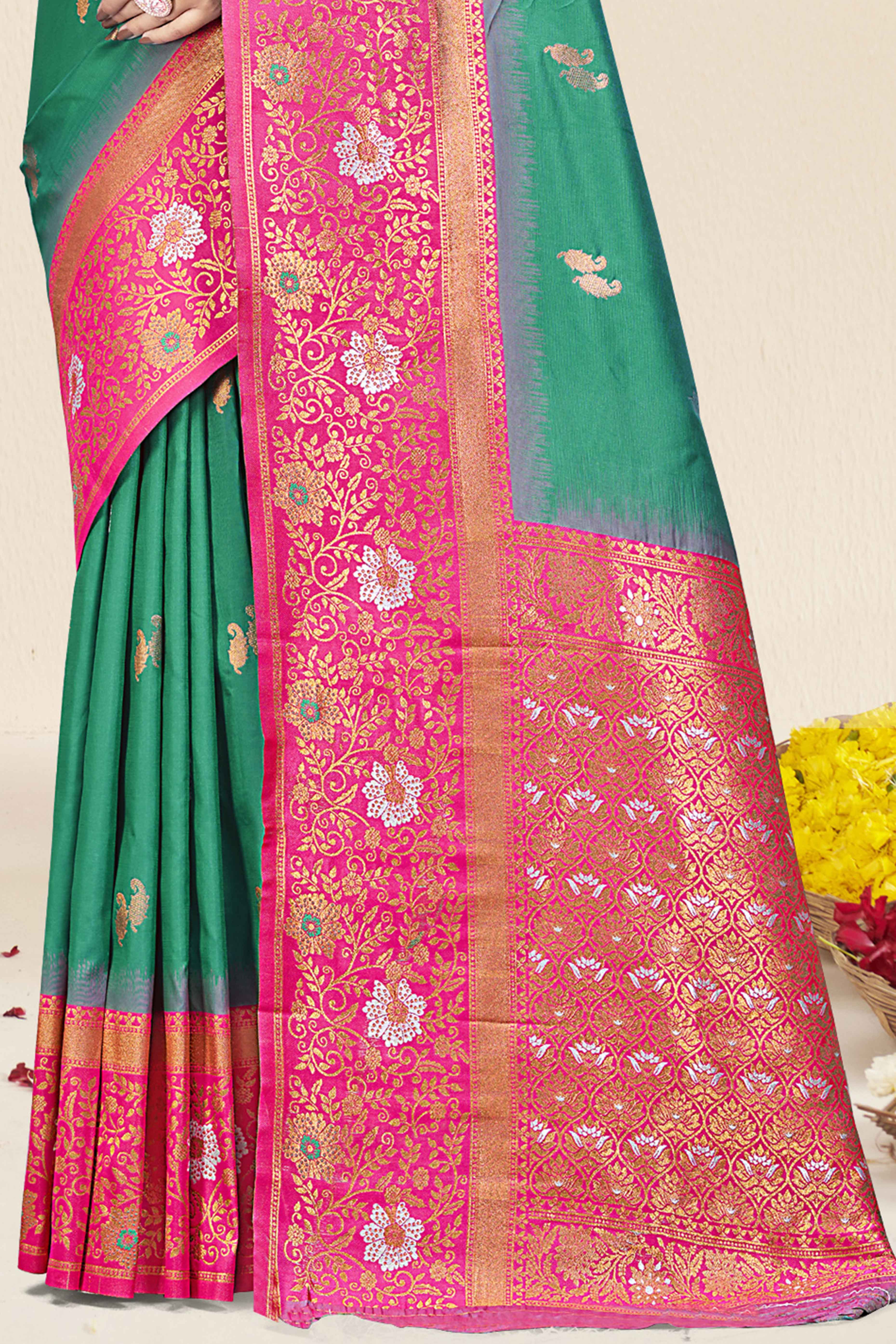 Rama Green Floral Woven Banarasi Silk Saree