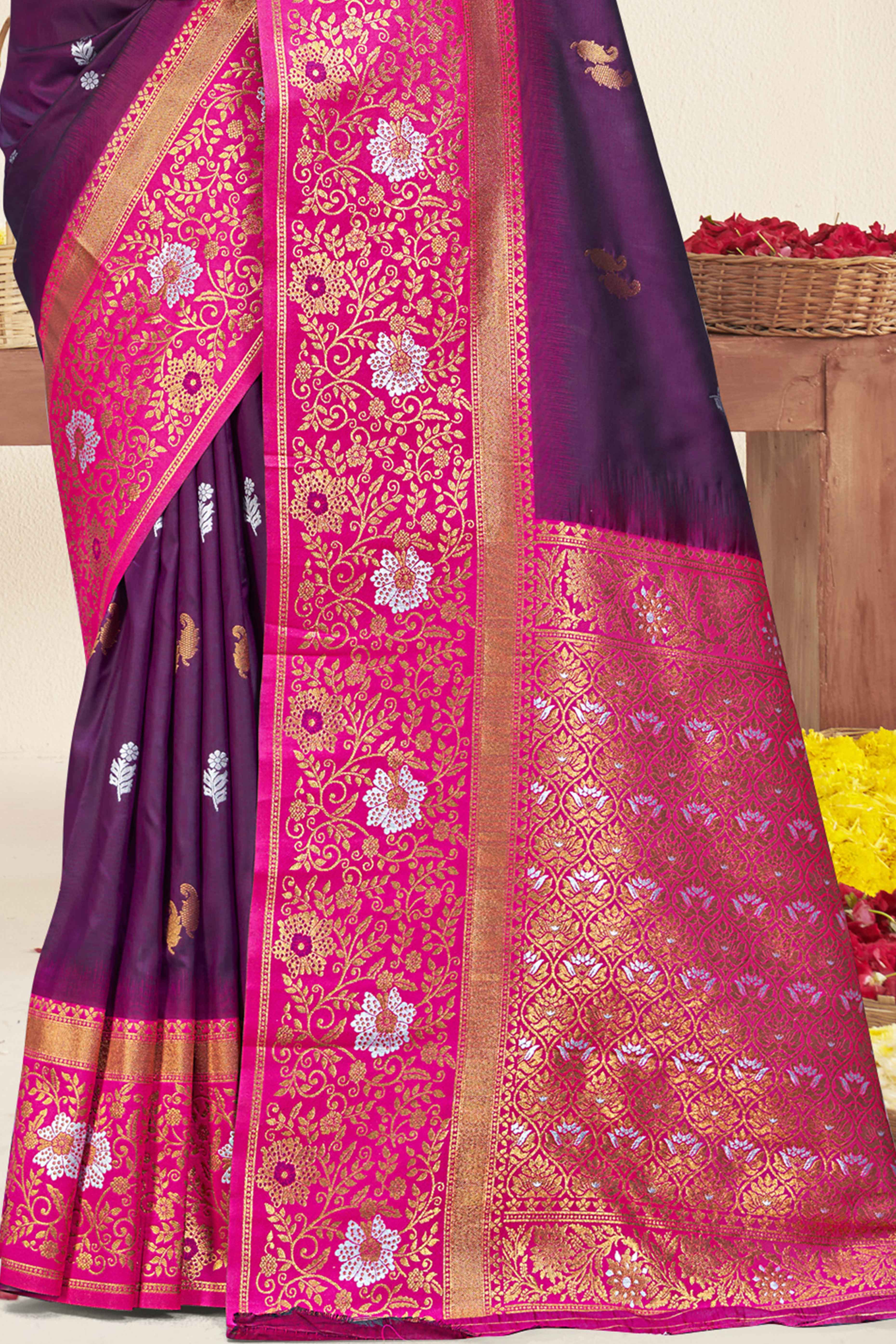 Wine Floral Woven Banarasi Silk Saree