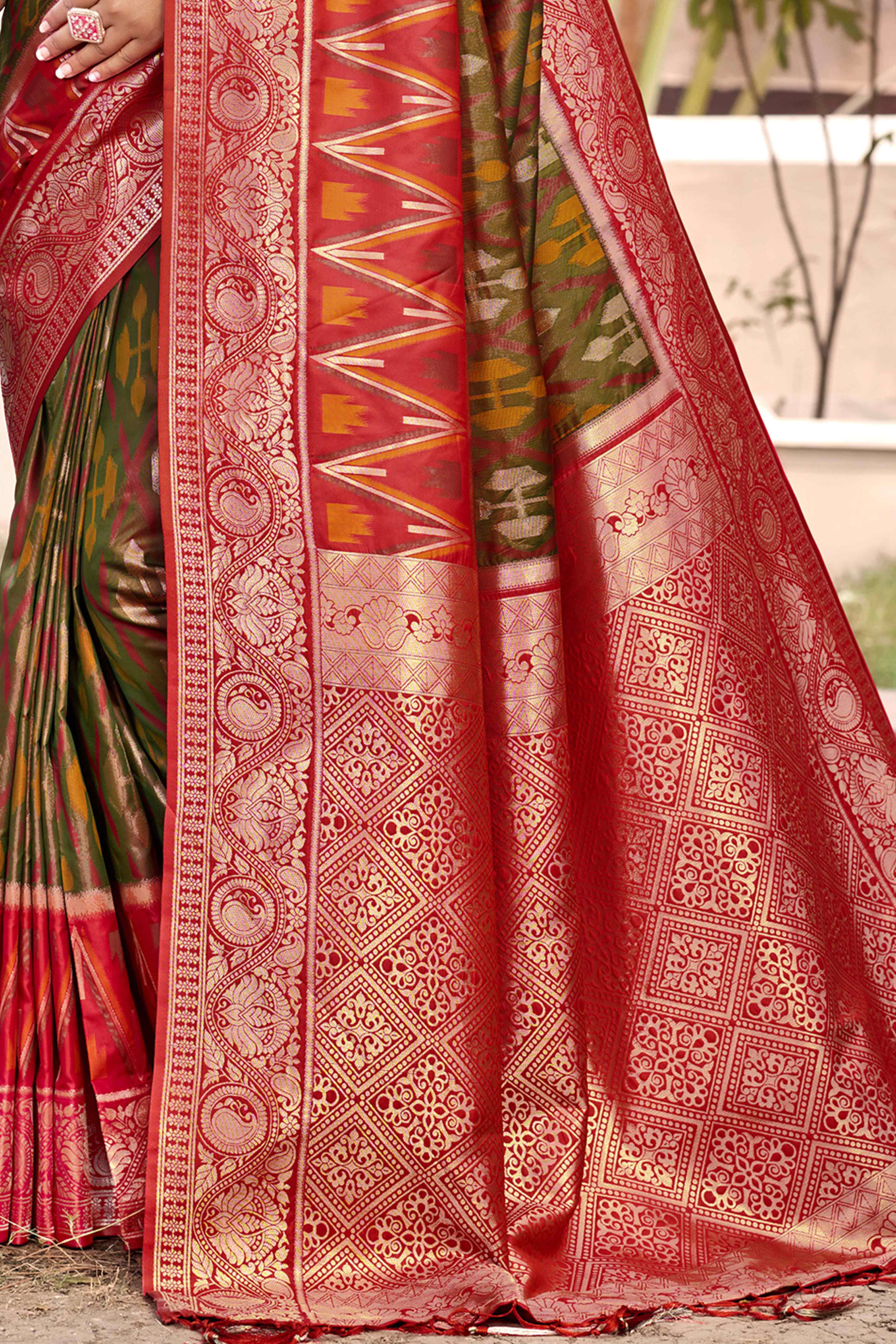 Green & Red Woven Cotton Silk Saree With Tassels