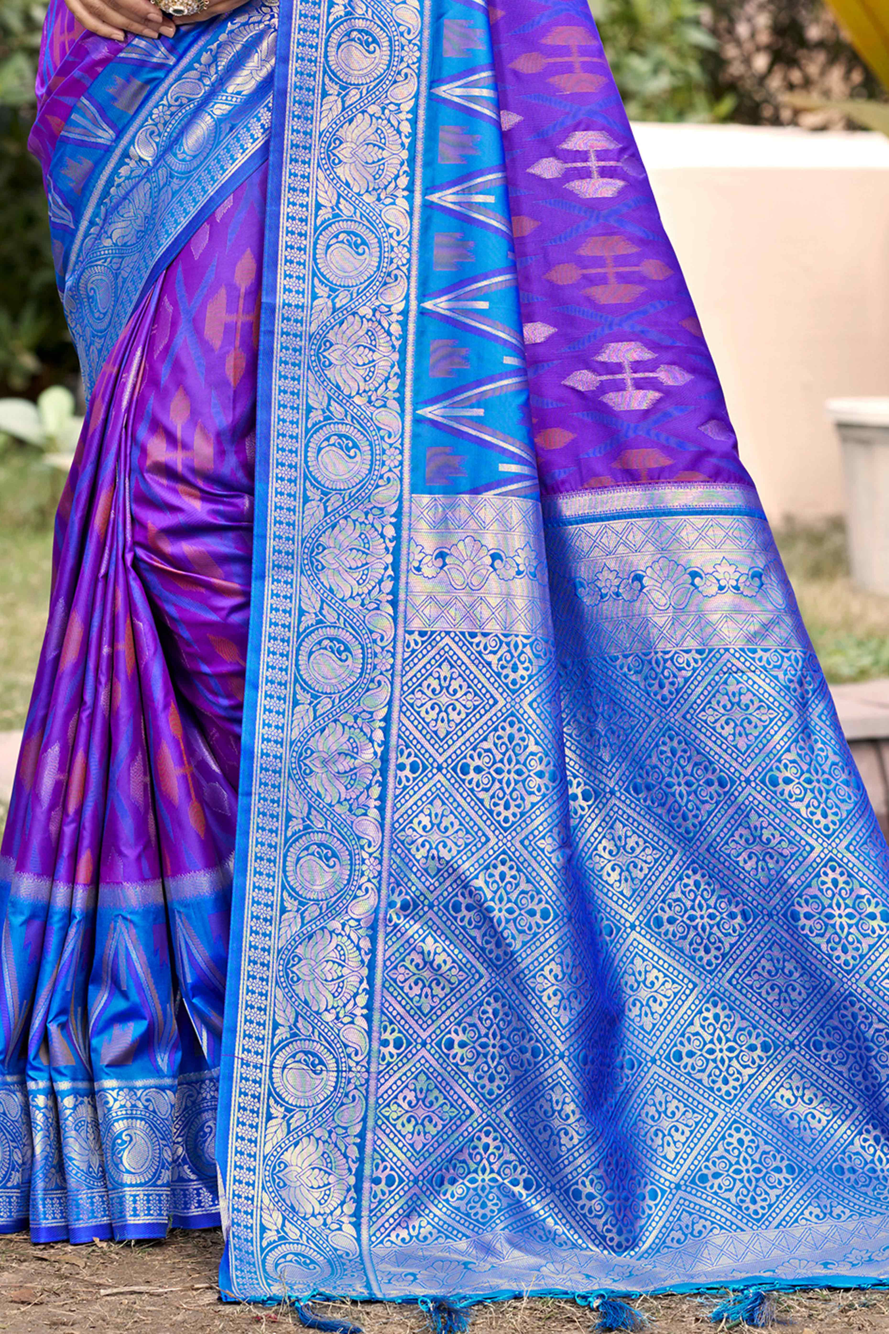Violet & Blue Woven Cotton Silk Saree With Tassels