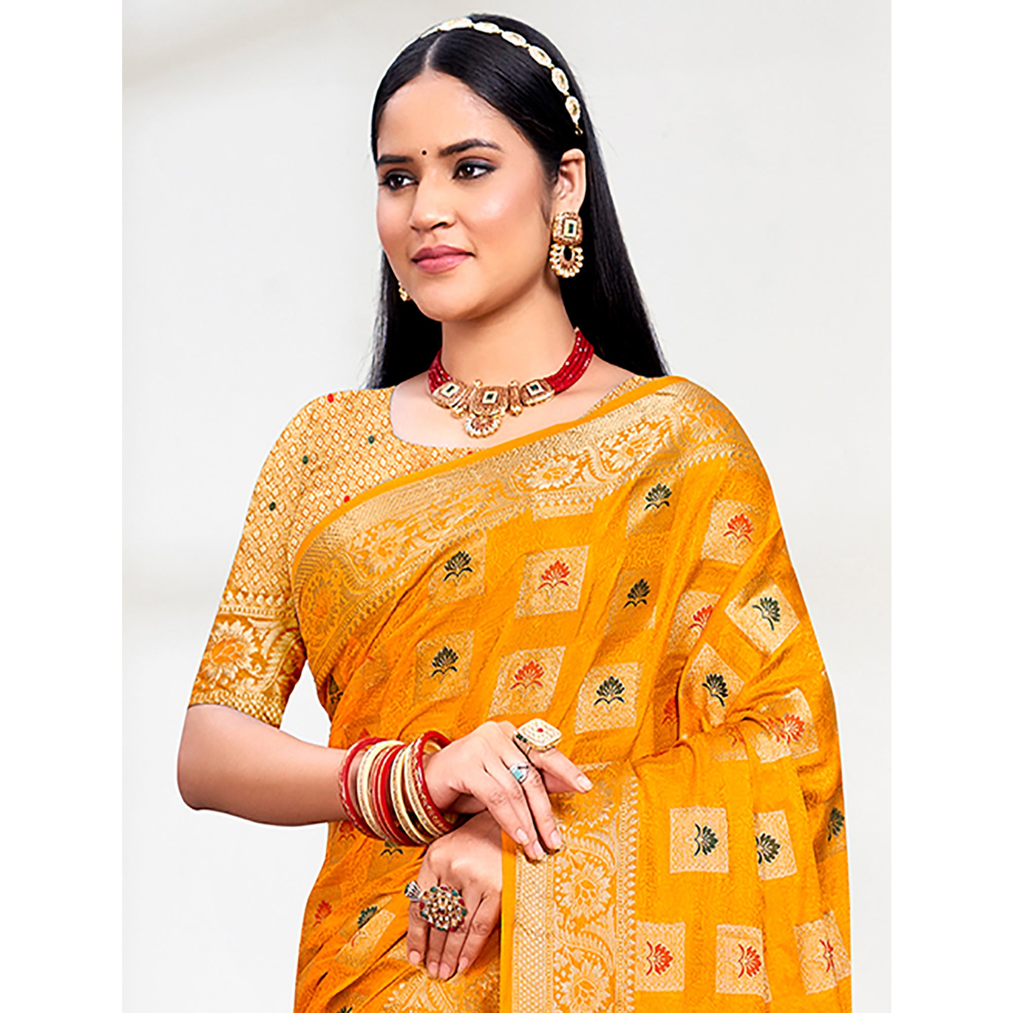 Mustard Floral Woven Cotton Silk Saree With Tassels