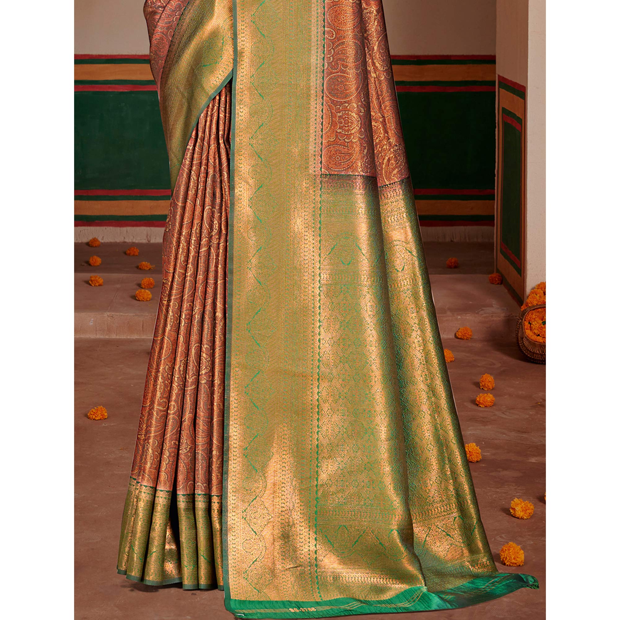 Brown & Green Woven Vichitra Silk Saree With Tassels