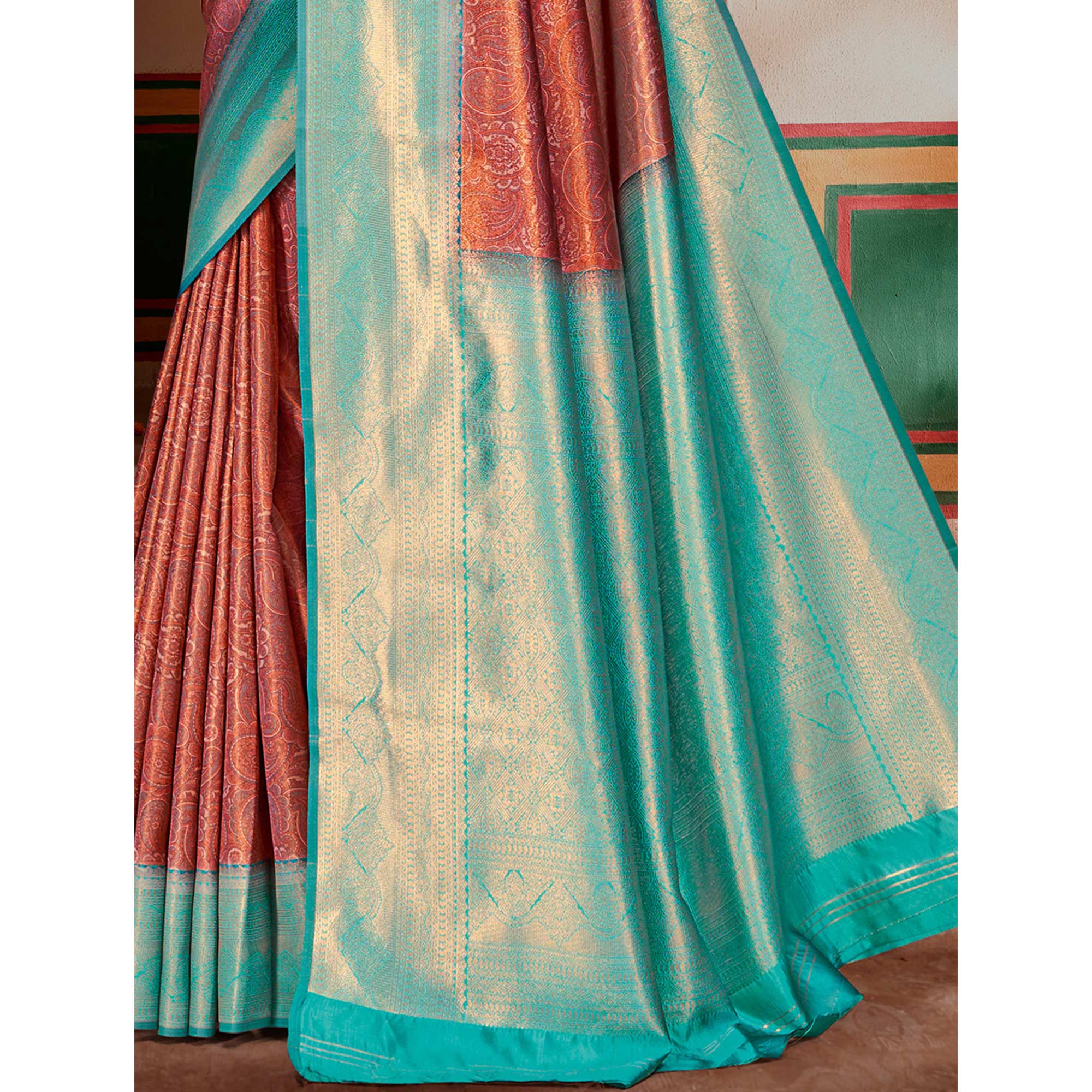 Rust & Blue Woven Vichitra Silk Saree With Tassels