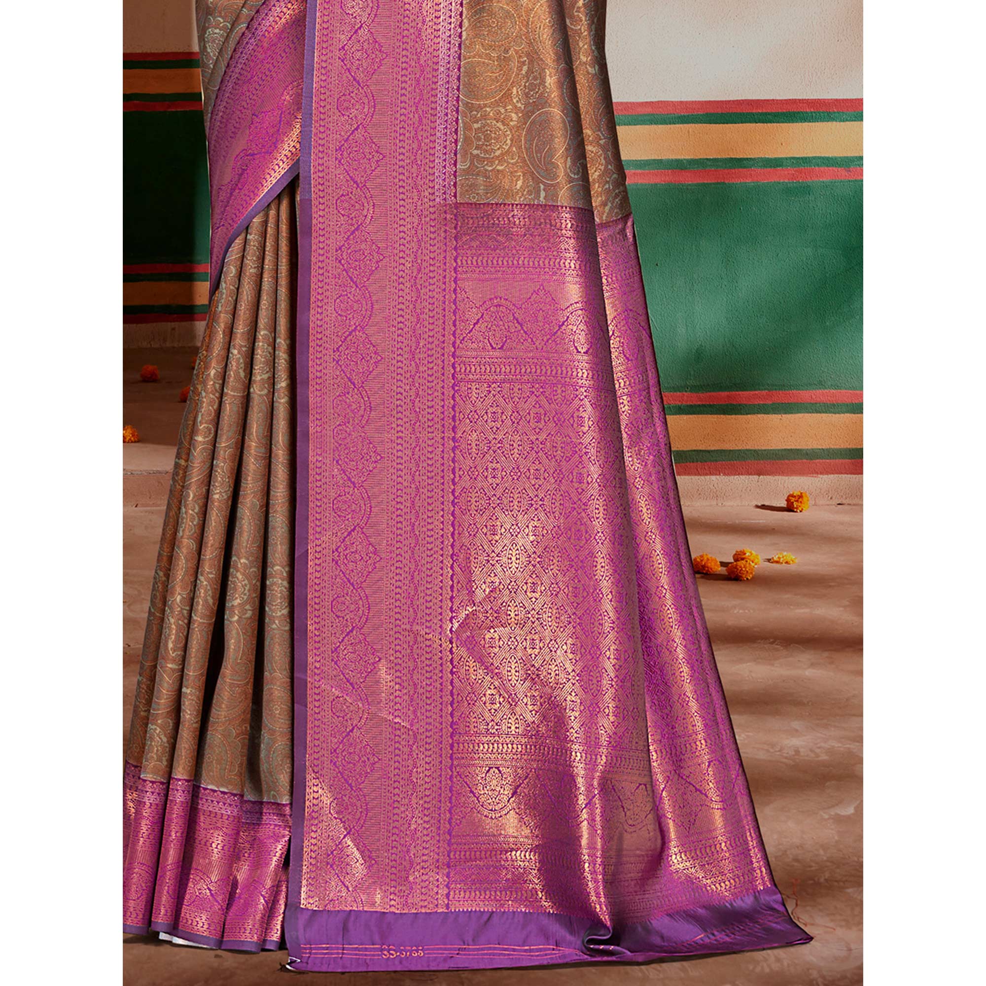 Brown & Purple Woven Vichitra Silk Saree With Tassels