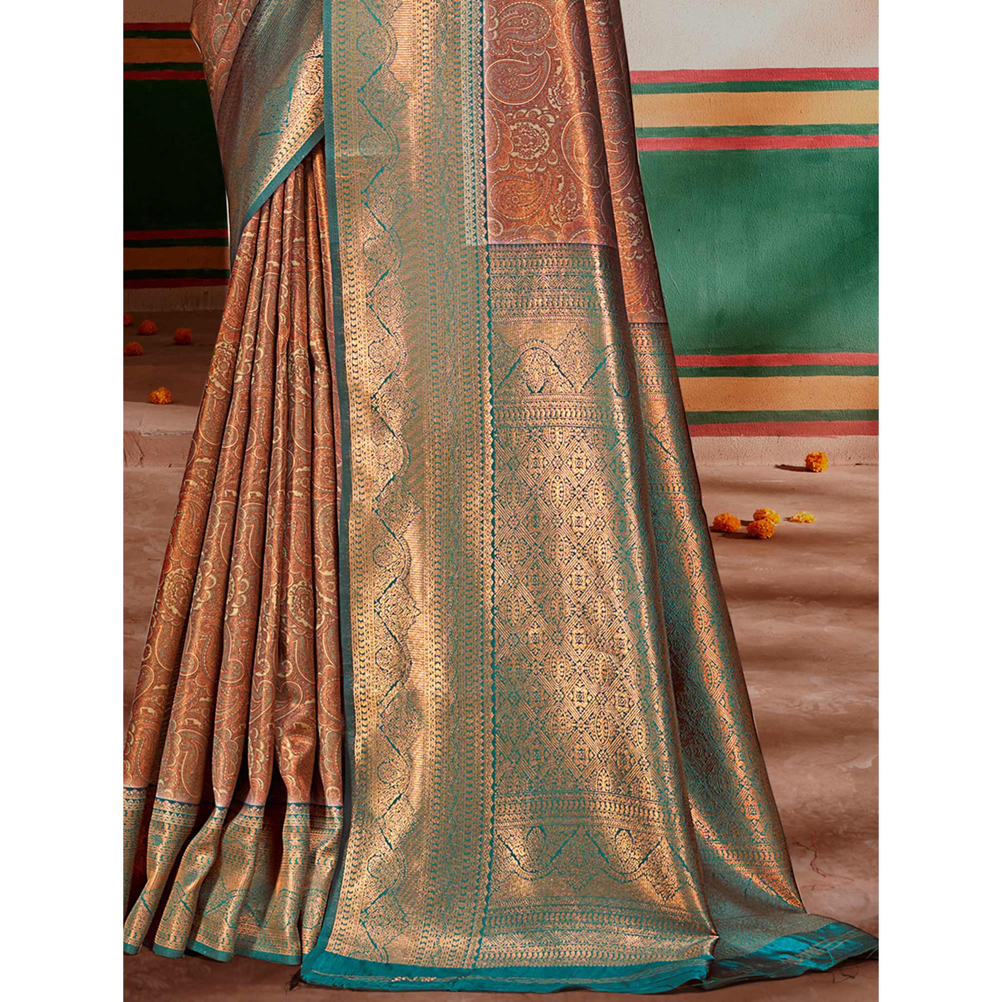 Brown & Rama Blue Woven Vichitra Silk Saree With Tassels