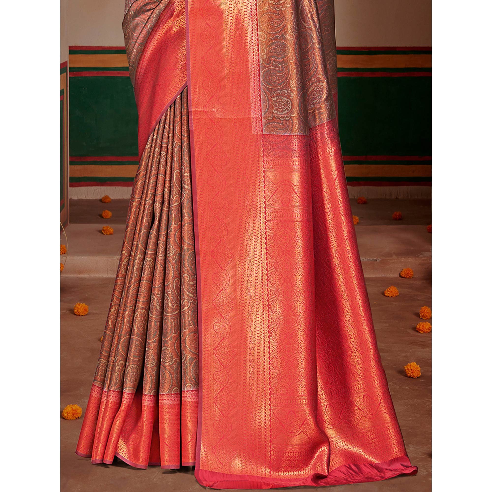 Brown & Red Woven Vichitra Silk Saree With Tassels