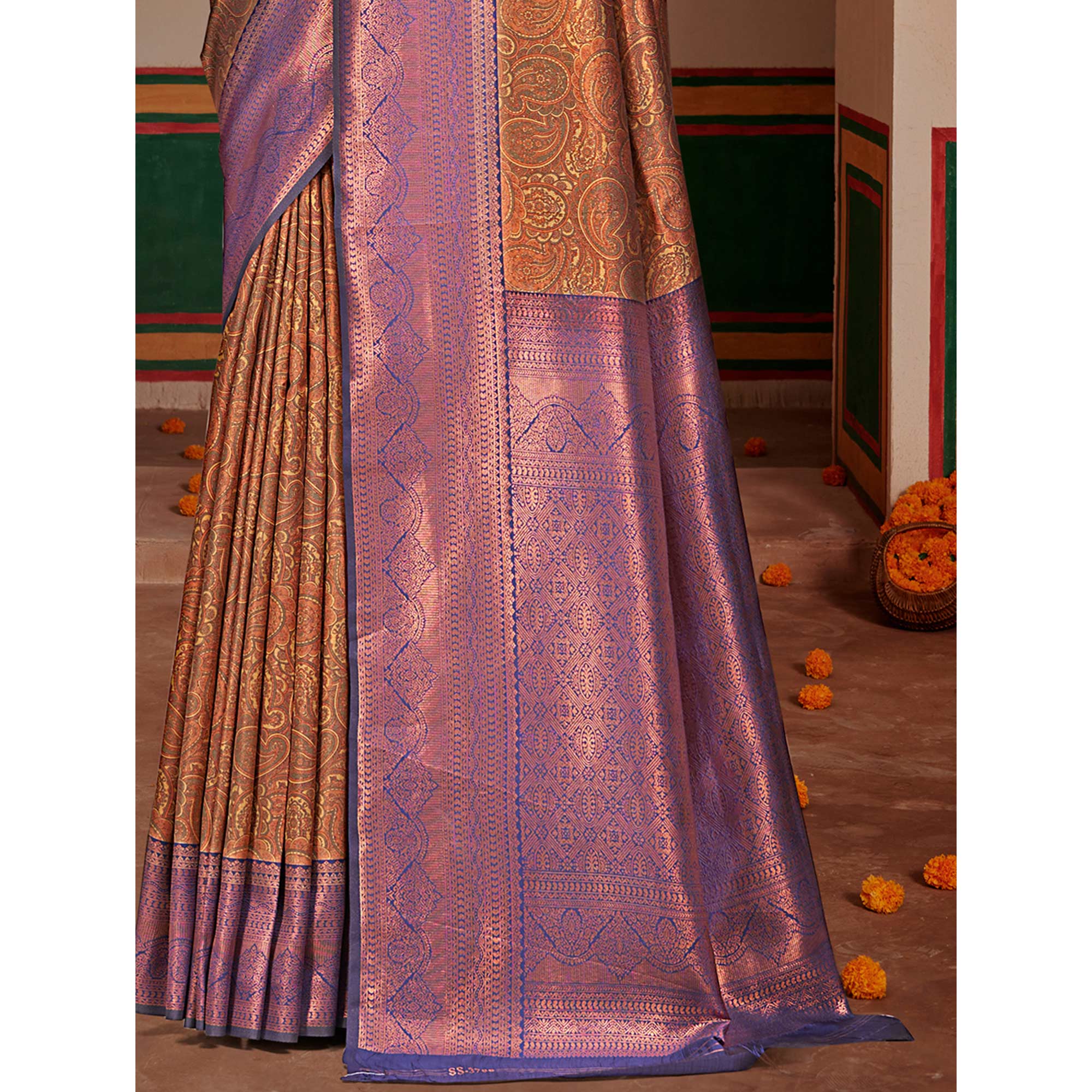 Brown & Violet Woven Vichitra Silk Saree With Tassels