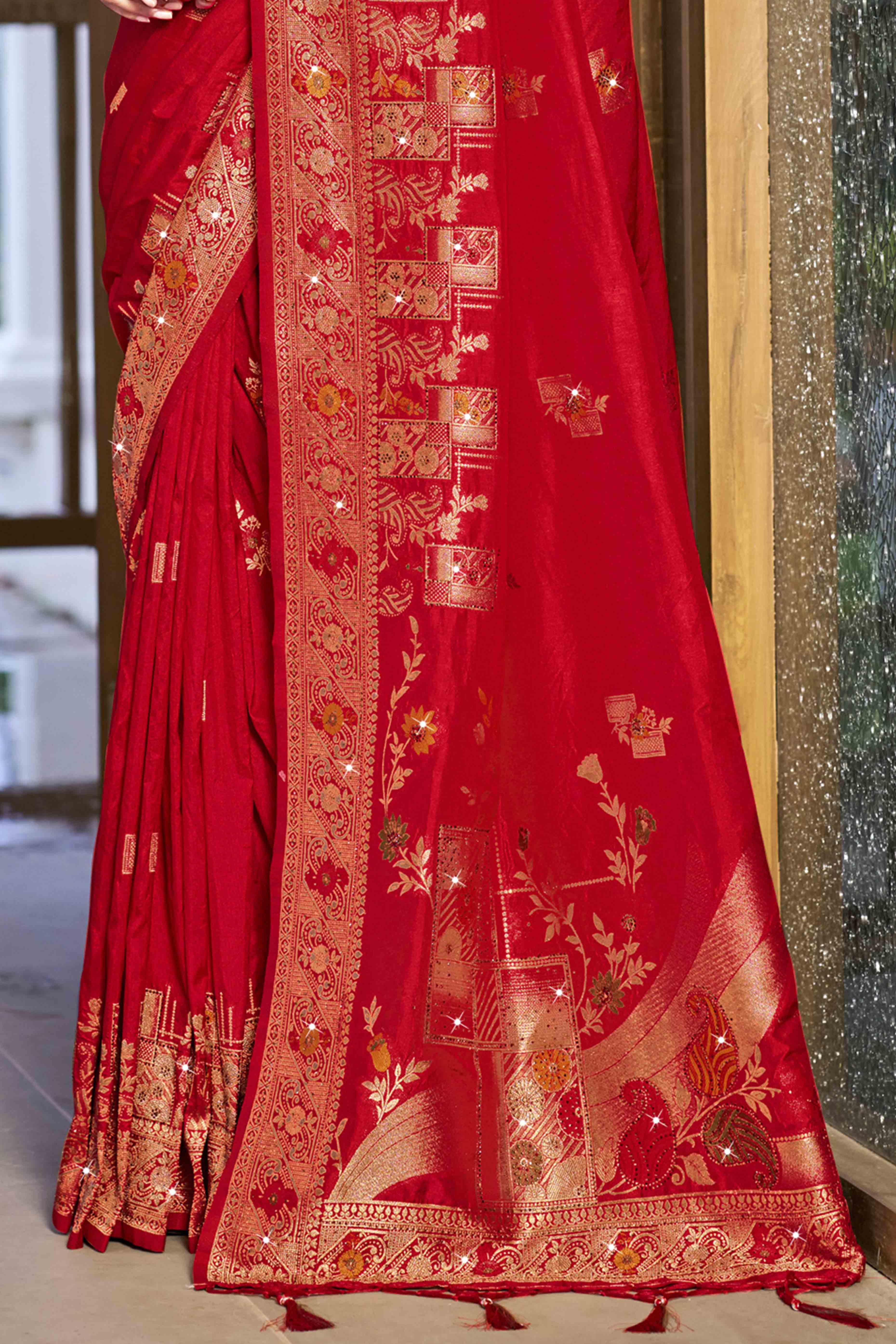 Red Stone Work Weaving Satin Silk Saree