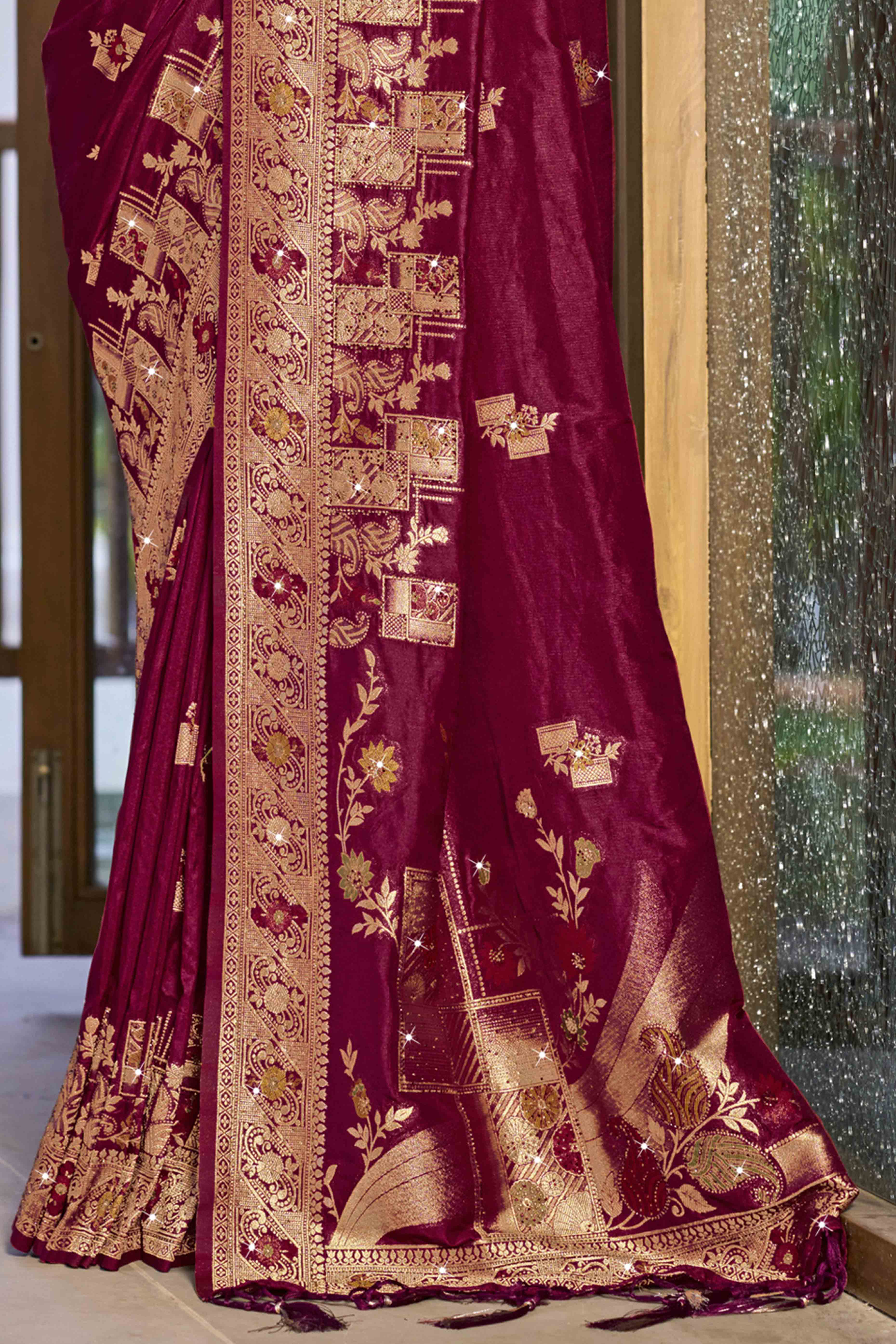 Wine Stone Work Weaving Satin Silk Saree