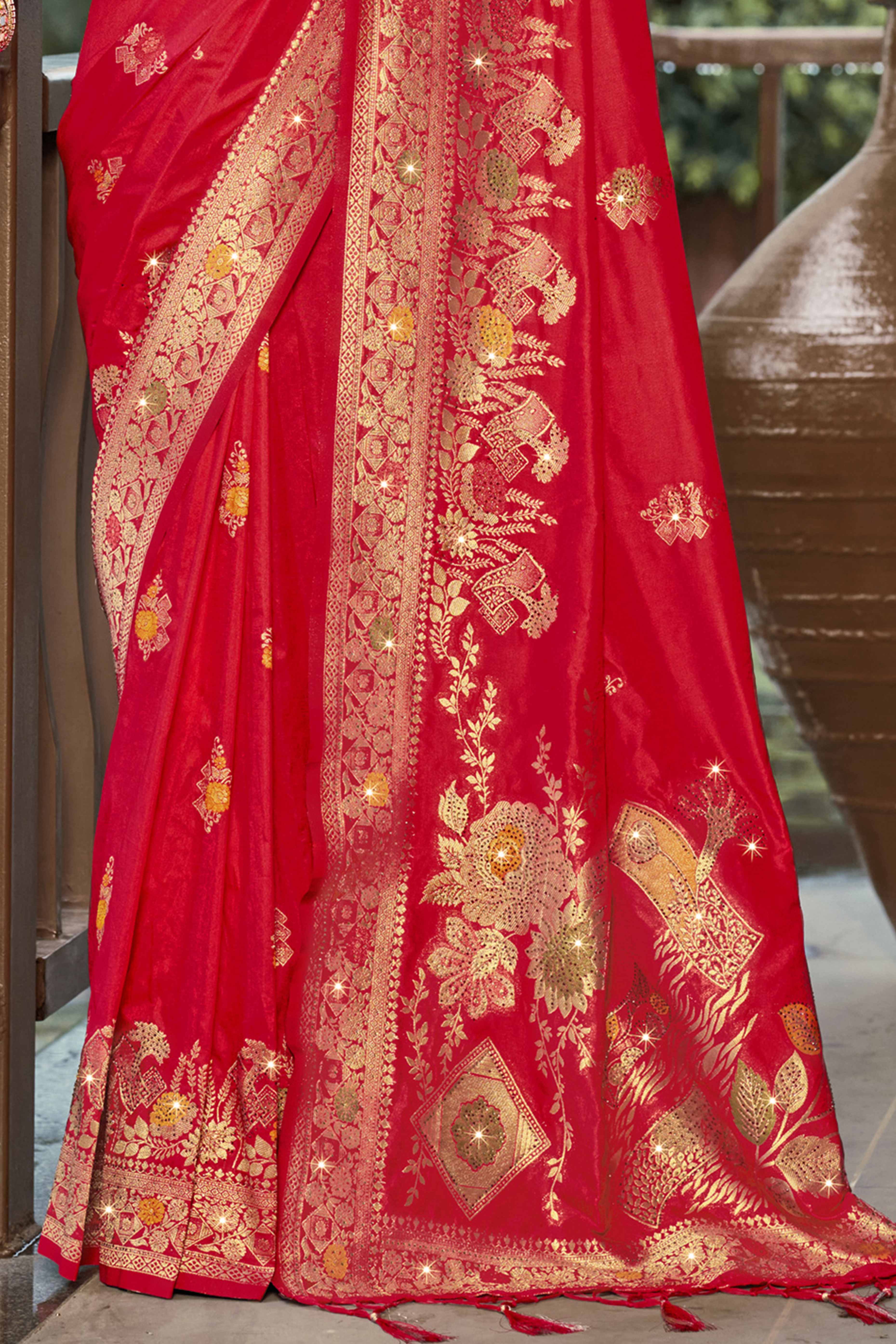 Red Floral Woven With Swarovski Work Pure Silk Saree With Tassels