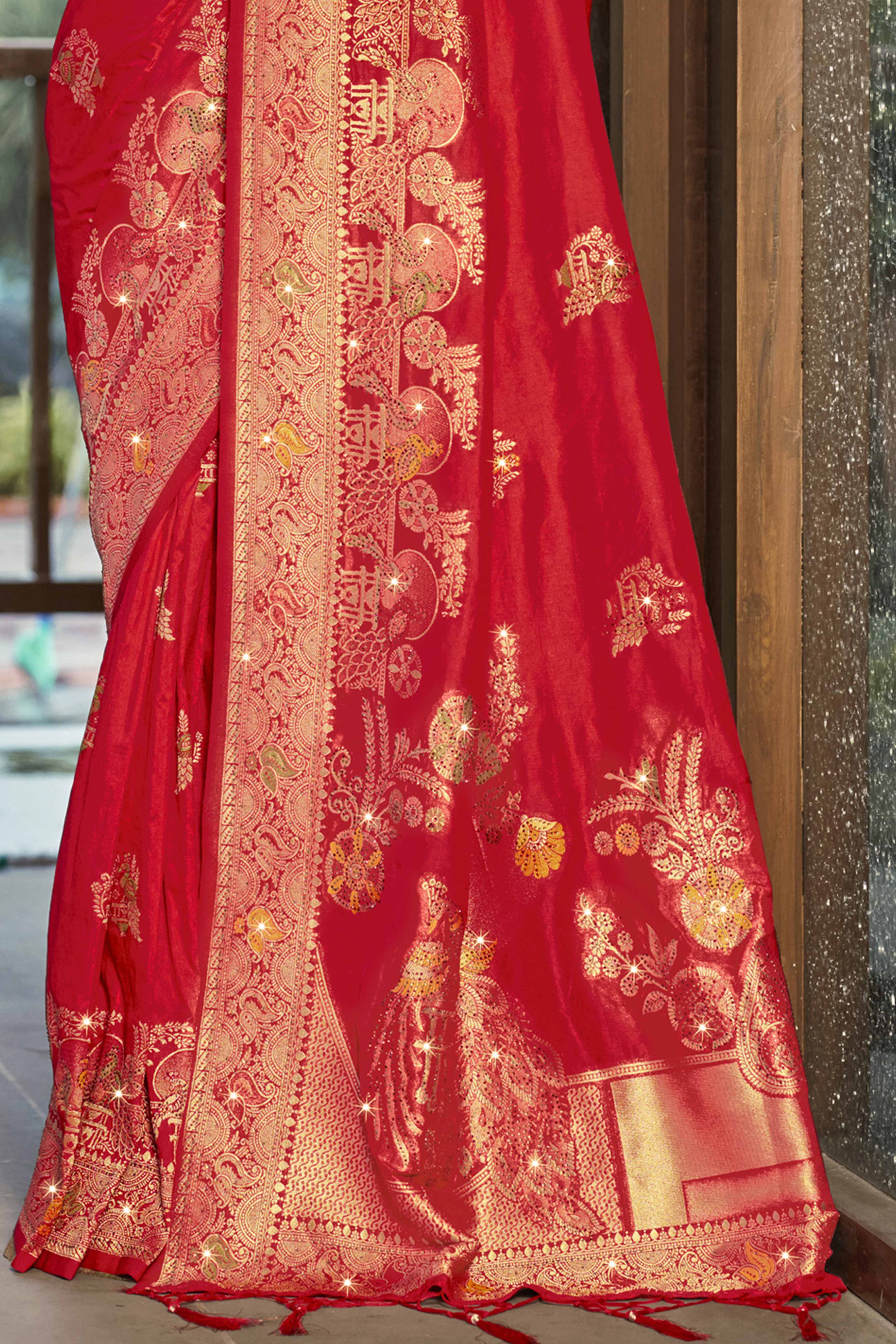 Red Floral Woven With Swarovski Work Pure Silk Saree With Tassels