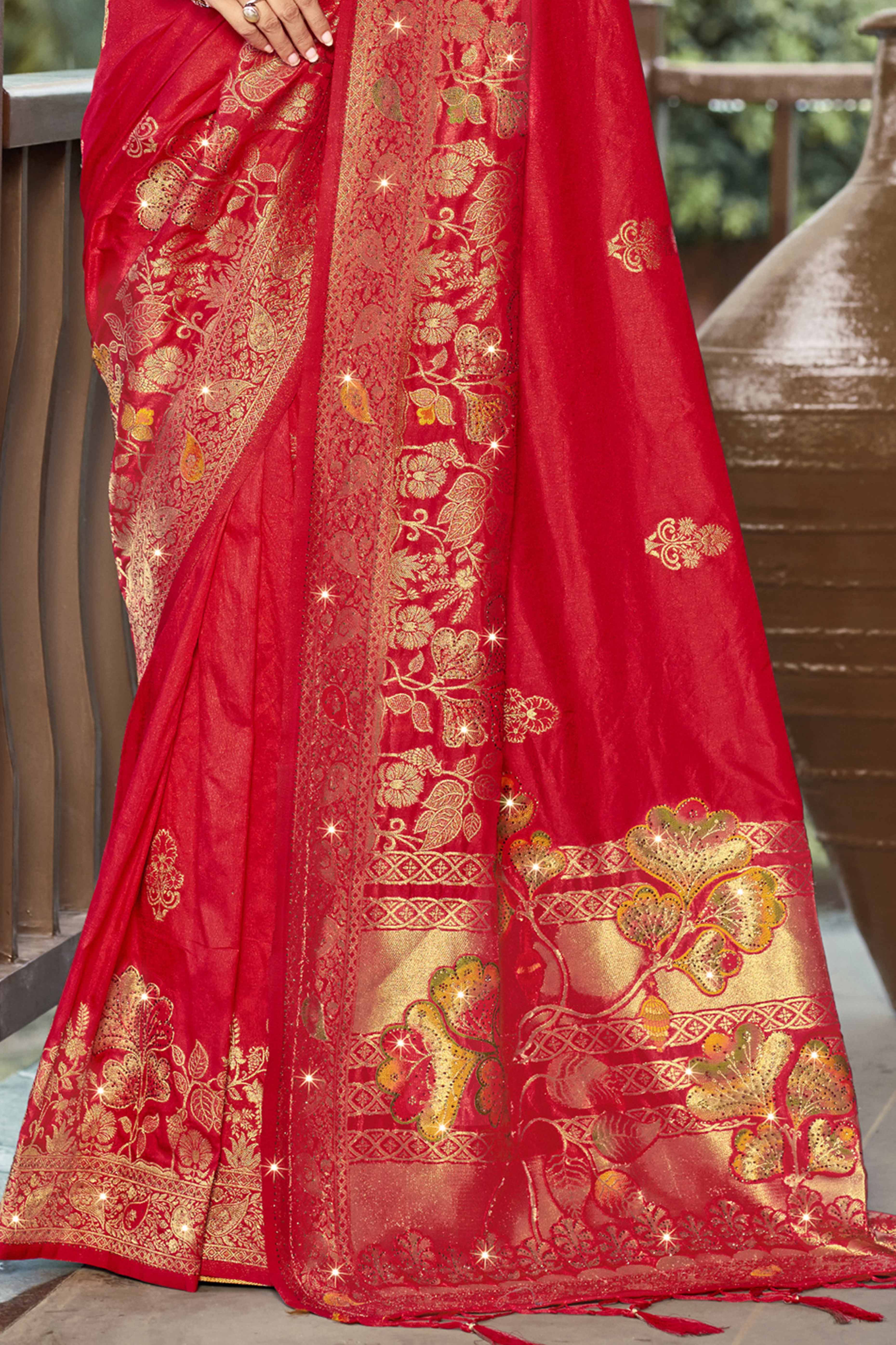 Red Floral Woven With Swarovski Work Pure Silk Saree With Tassels