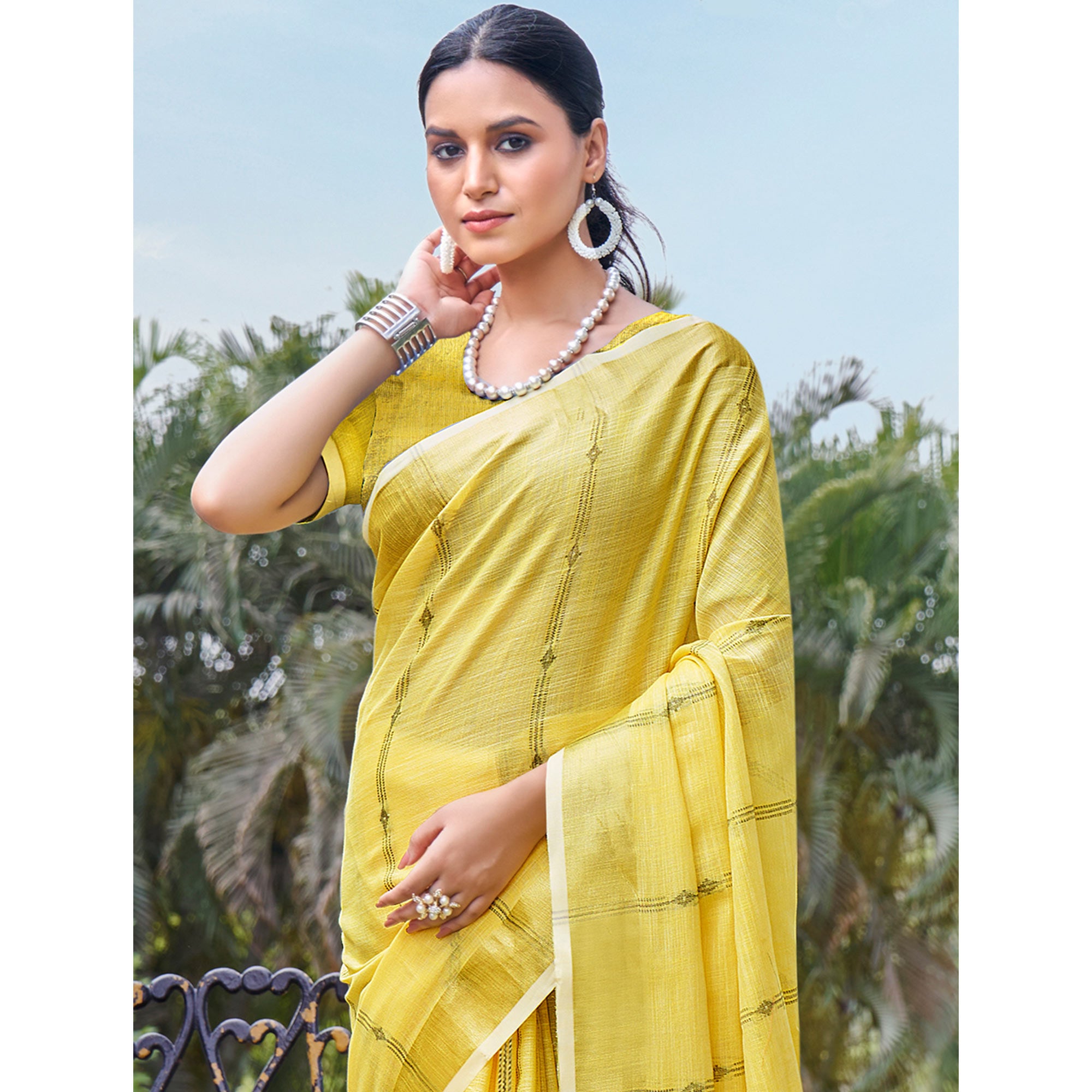 Yellow Woven Cotton Blend Saree With Tassels