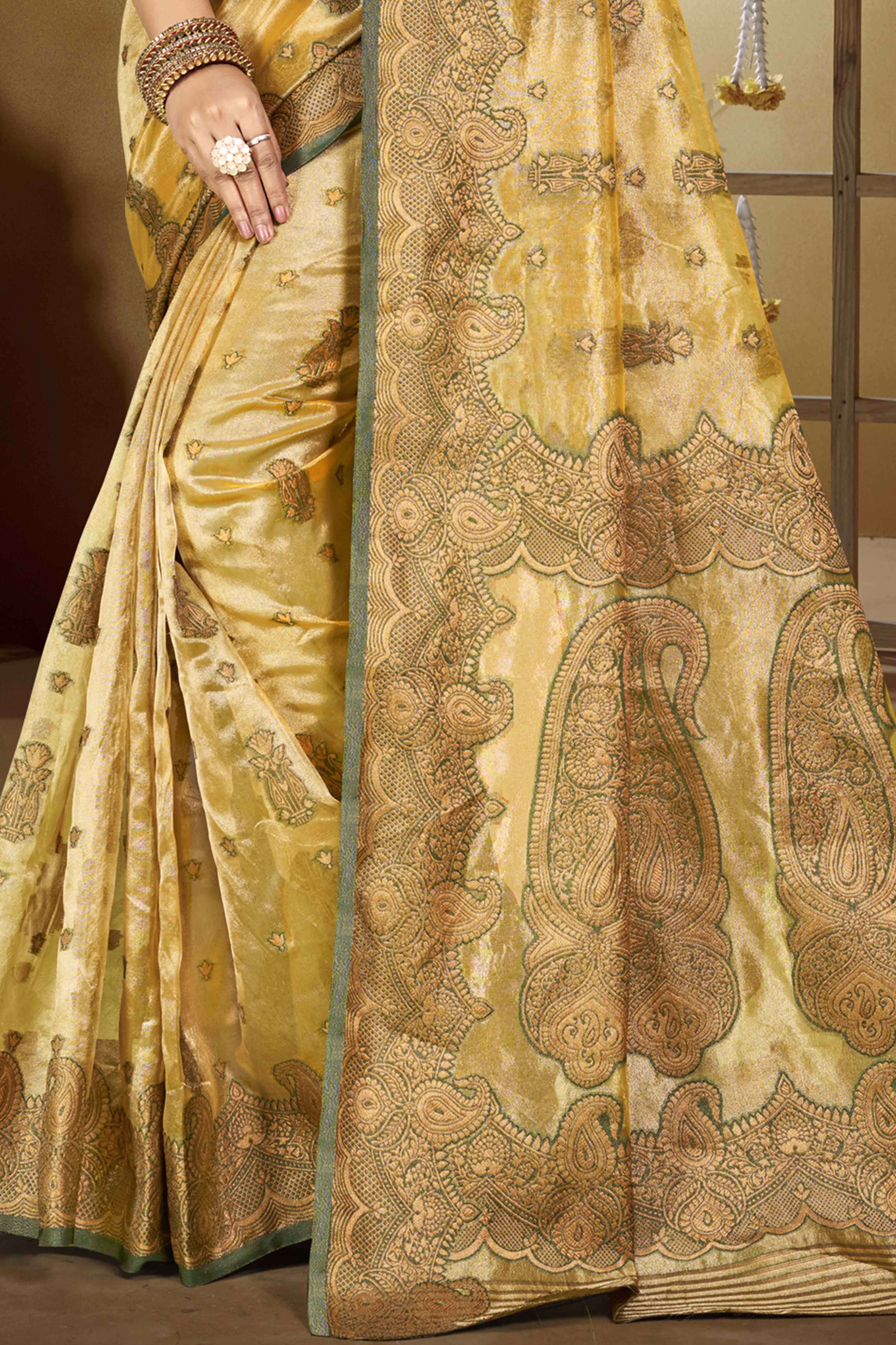 Golden Paisley Pattern Woven Organza Silk Saree