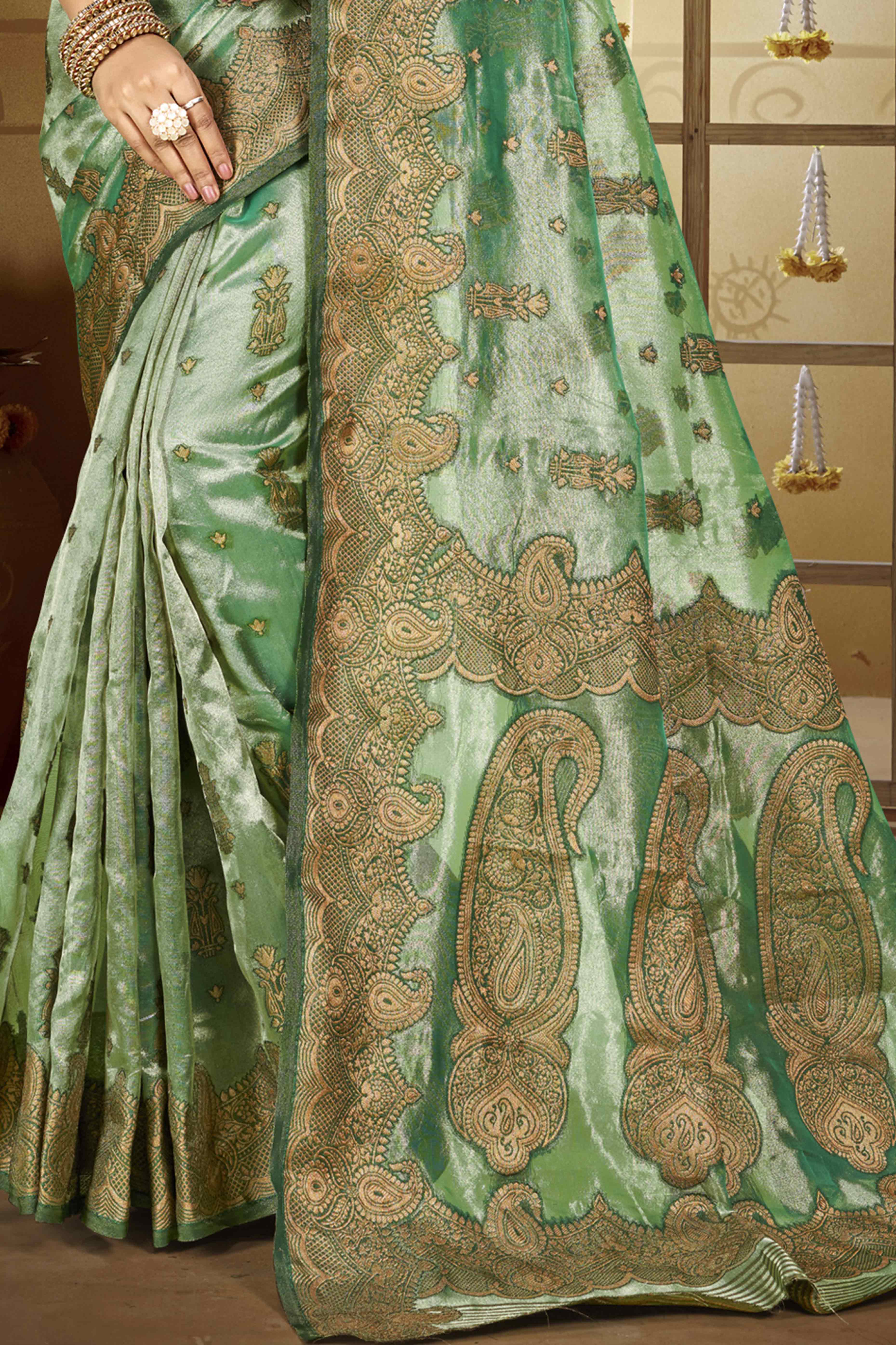 Green Paisley Pattern Woven Organza Silk Saree