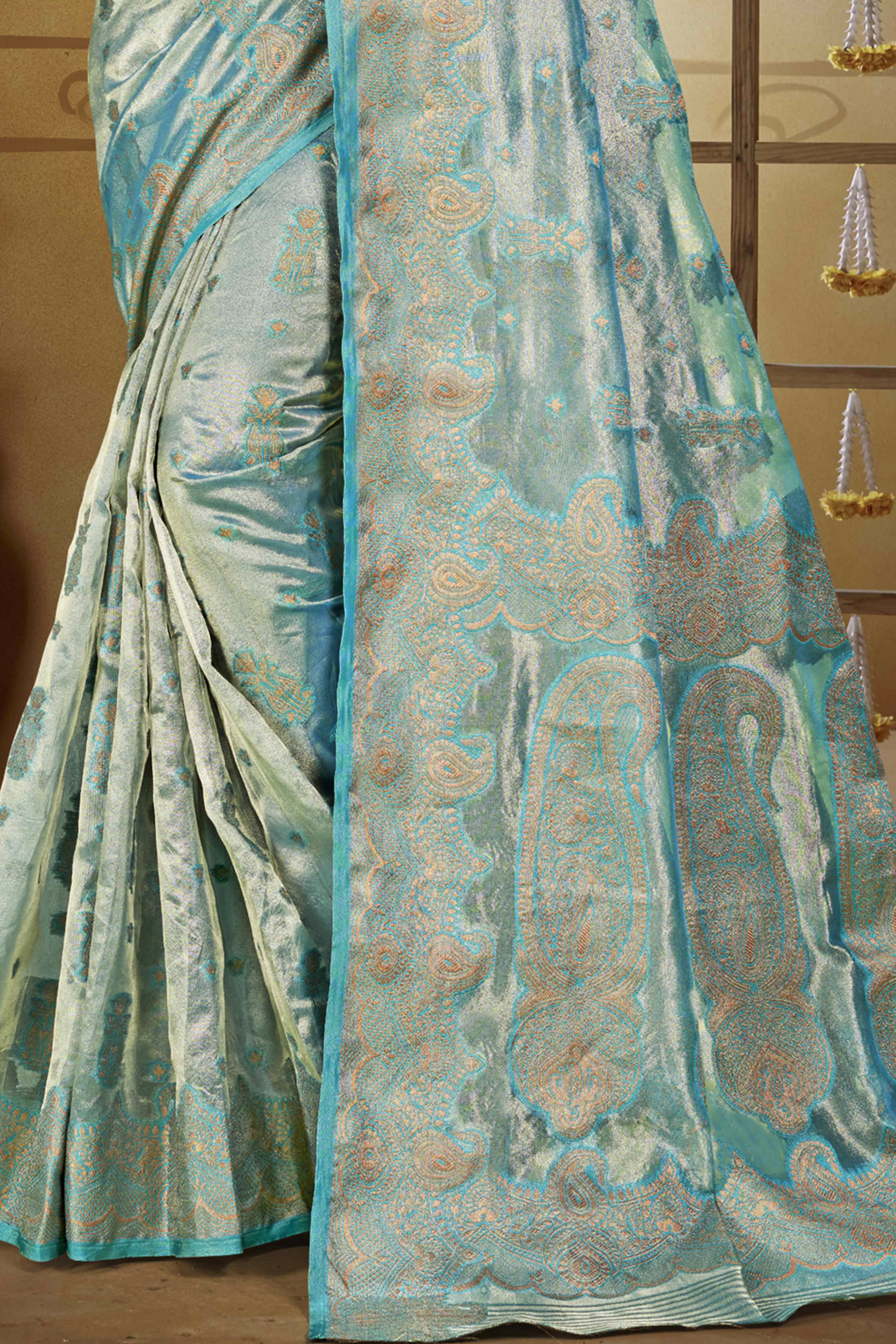 Blue Paisley Pattern Woven Organza Silk Saree