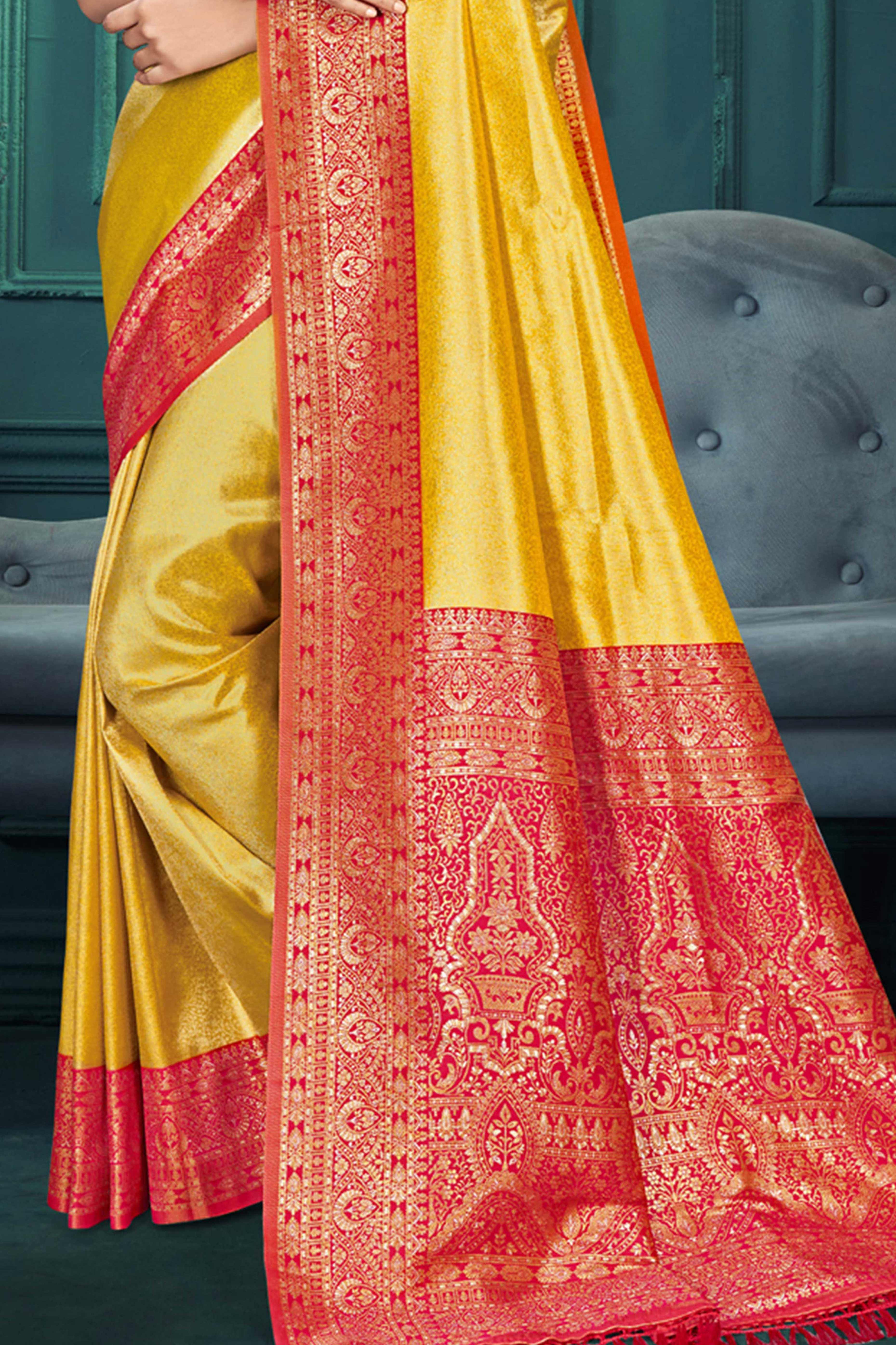 Exclusive Yellow Floral Motif Woven Kanjivaram Silk Saree With Graceful Tassel Pallu
