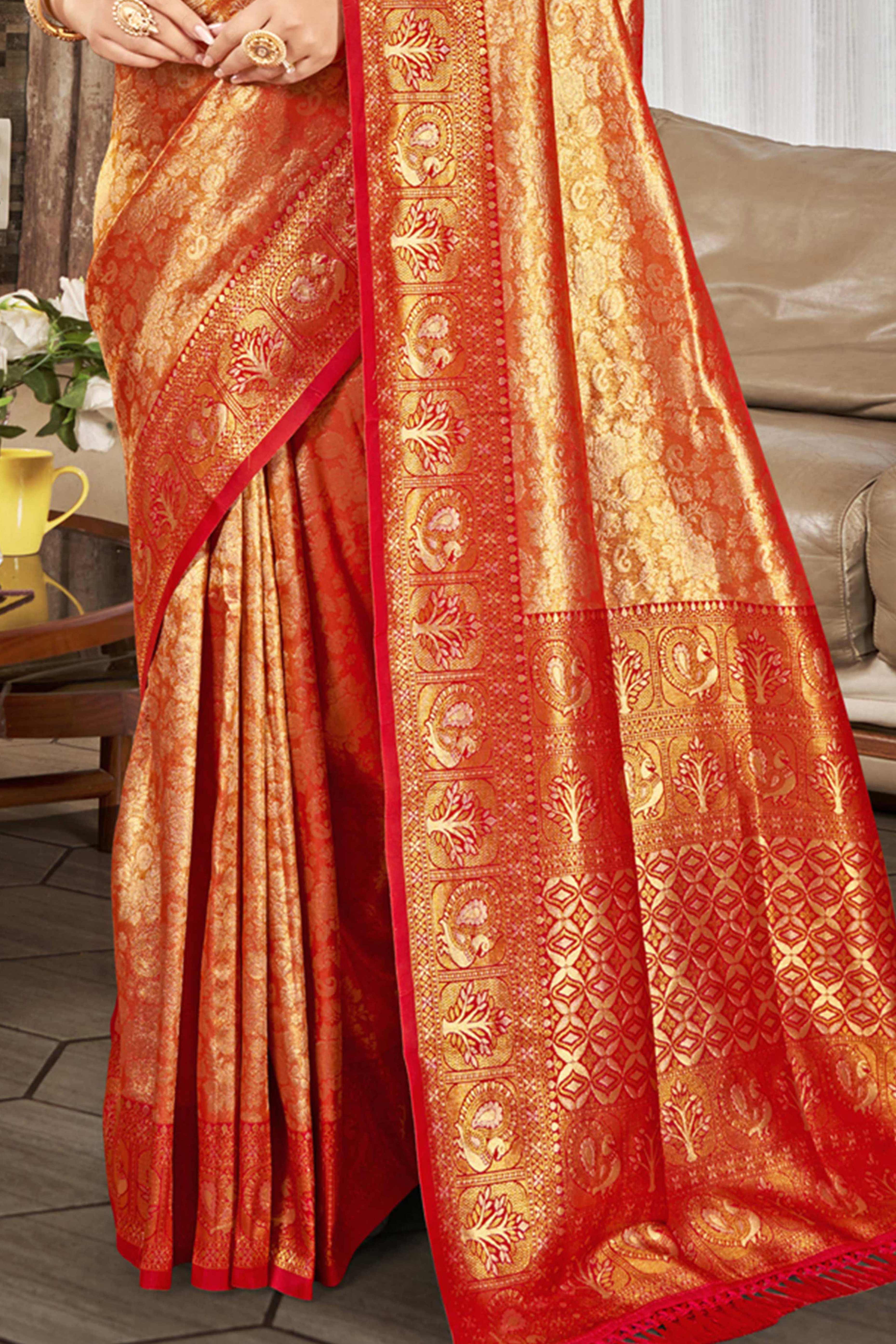 Premium Red Floral and Peacock Motif Woven Kanjivaram Silk Saree With Tassel Pallu