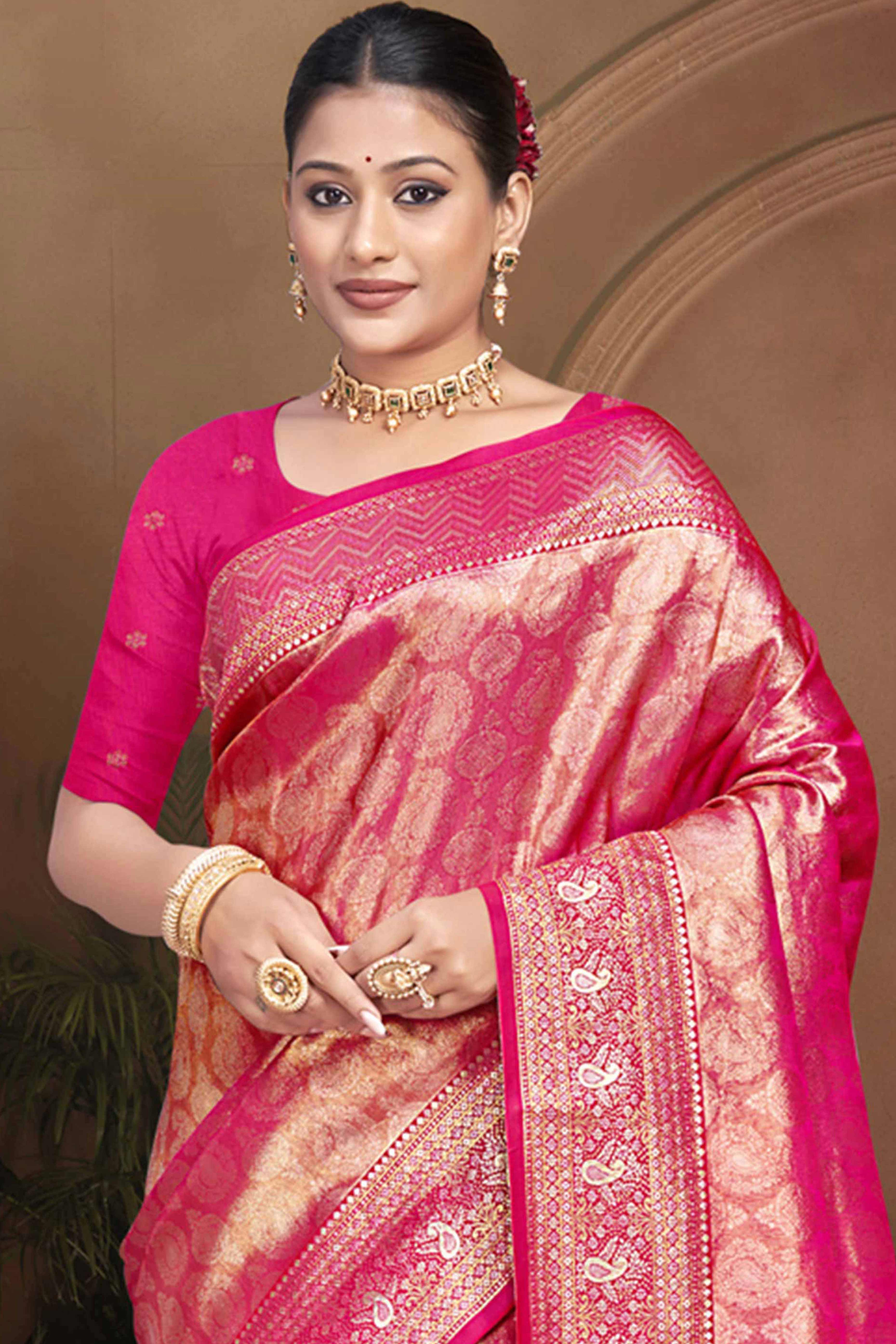 Exclusive Rani Pink Paisley & Floral Pattern Weaving Kanjivaram Silk Saree With Tassel Pallu