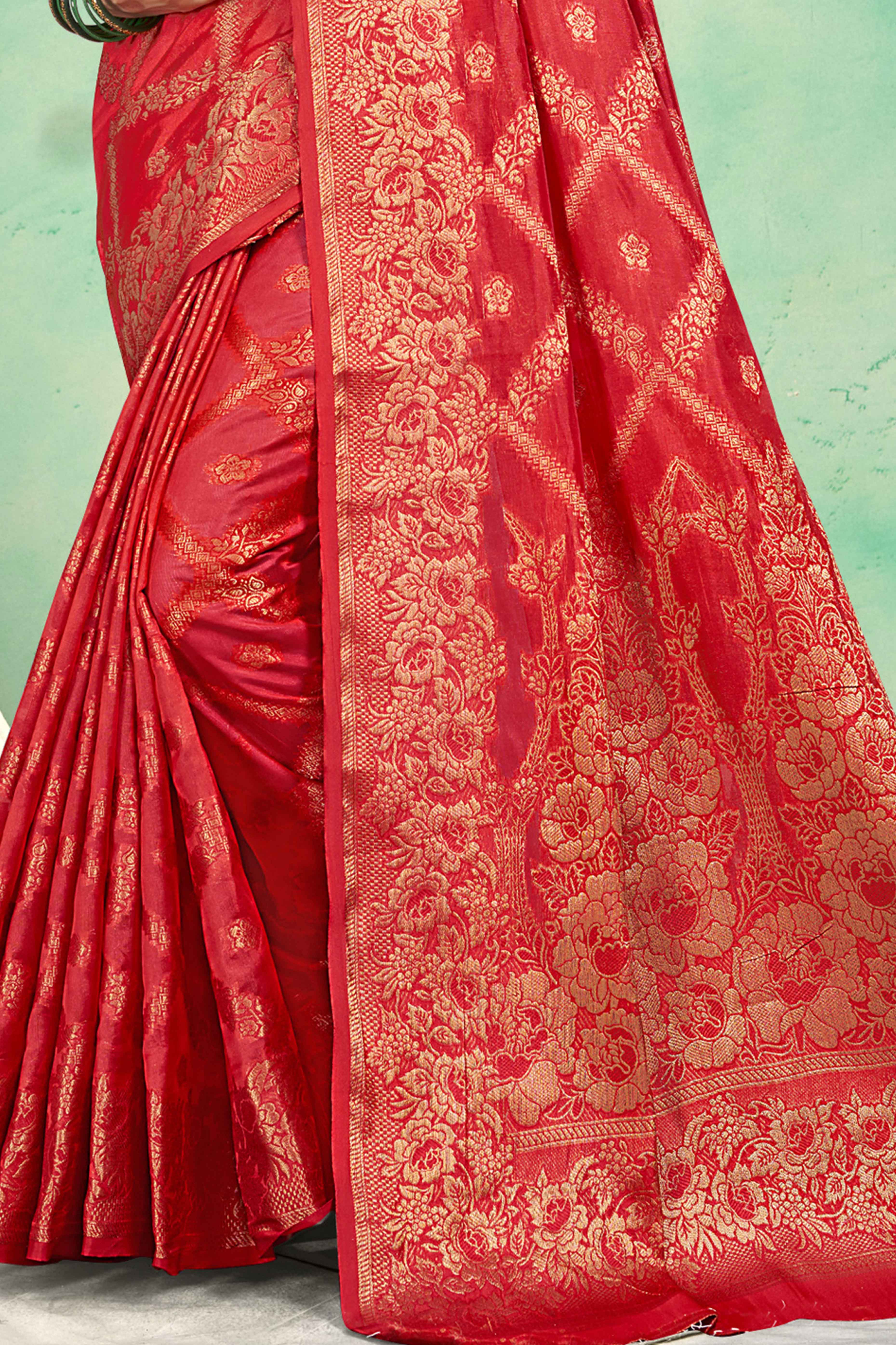 Red Floral Woven Cotton Silk Saree