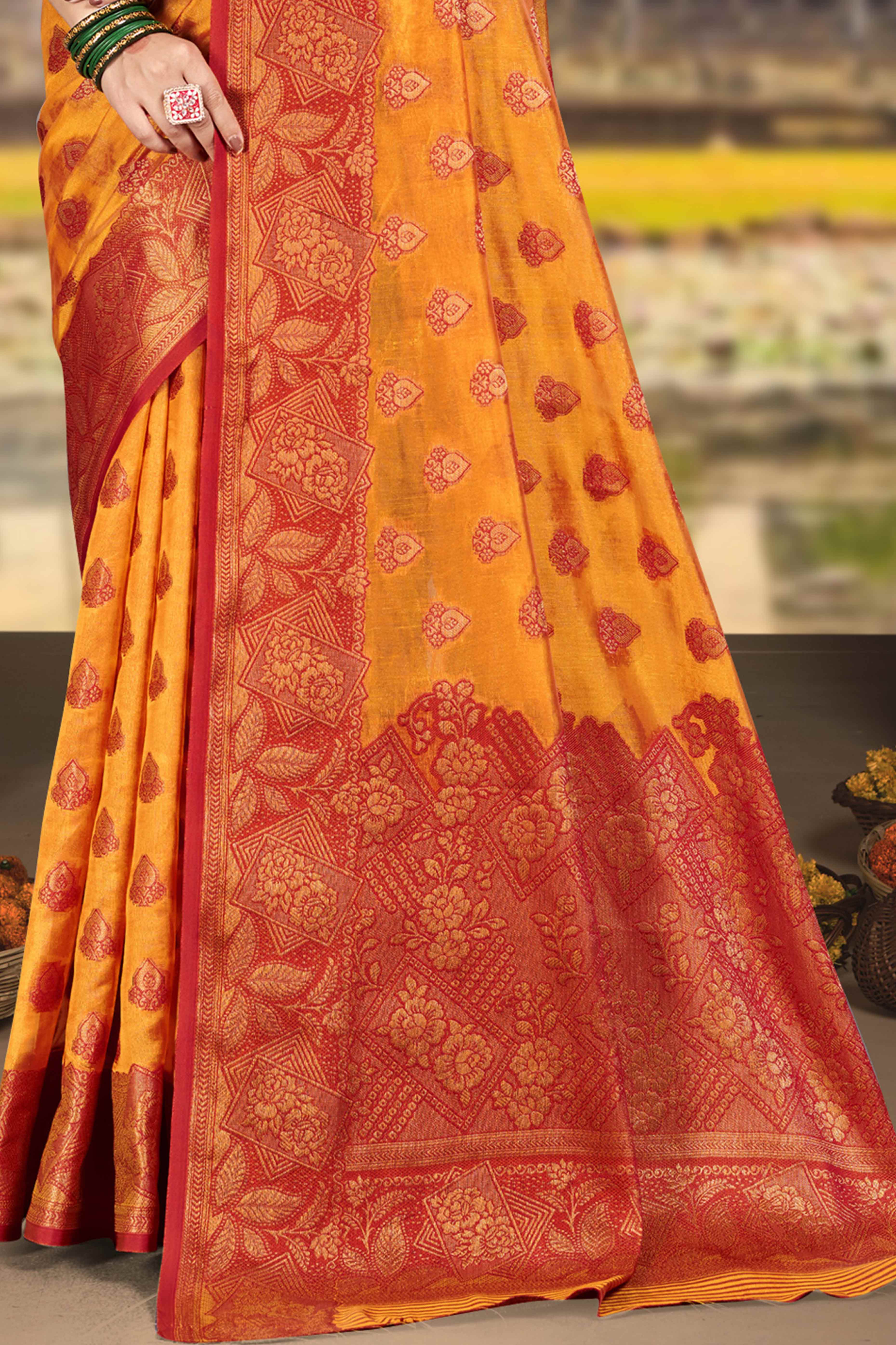 Mustard Floral Woven Cotton Silk Saree