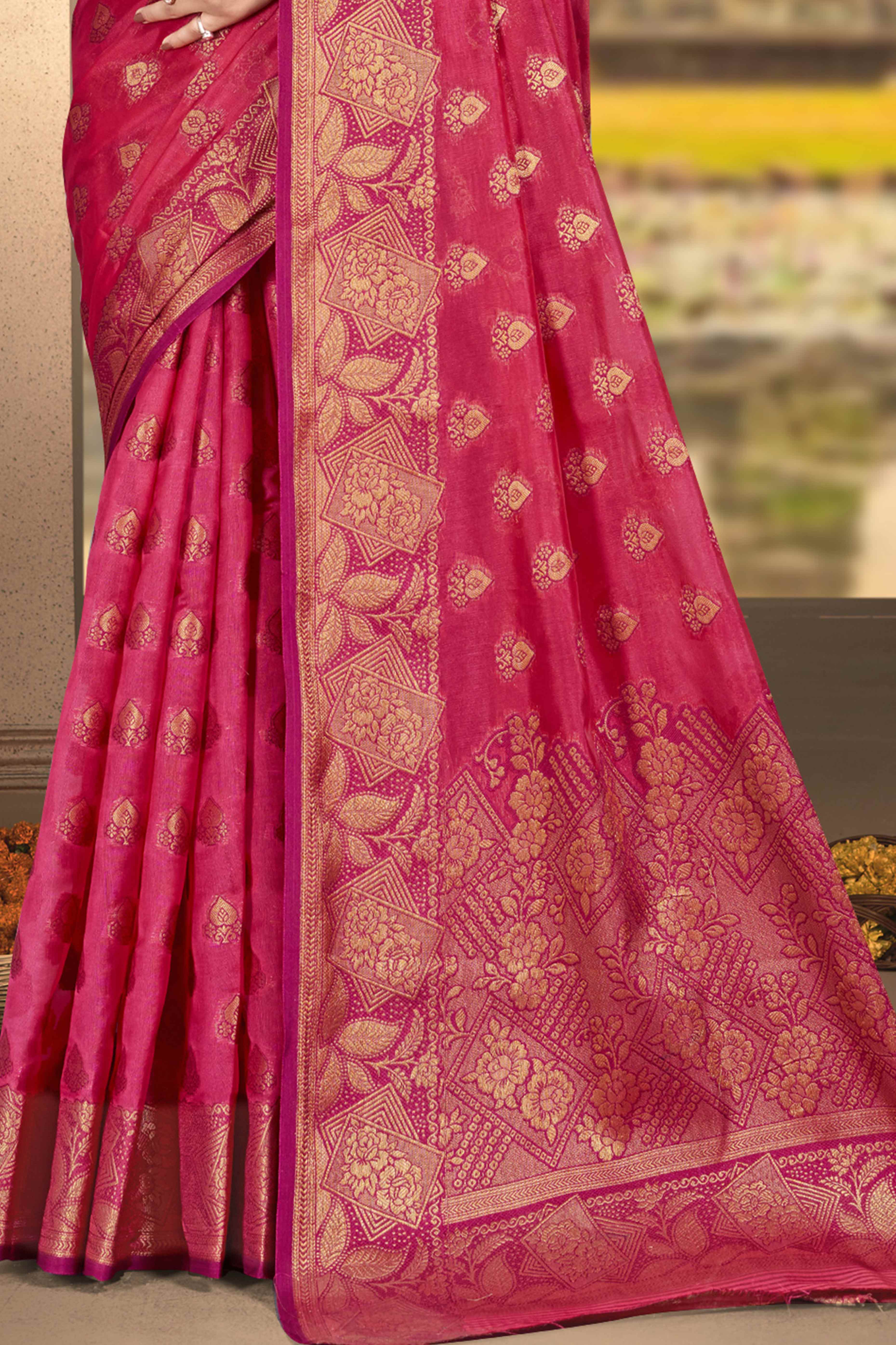 Pink Floral Woven Cotton Silk Saree
