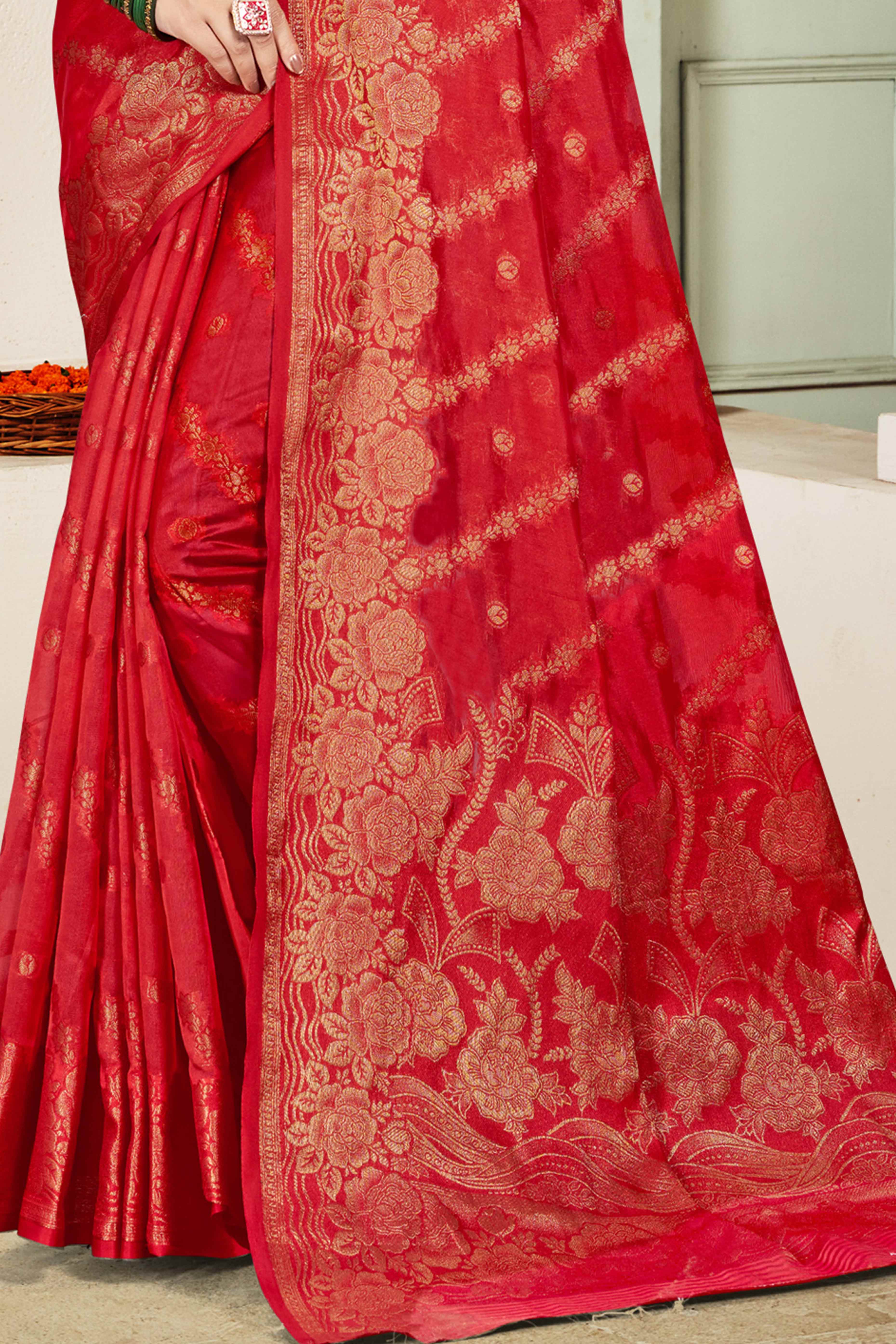 Red Floral Woven Cotton Silk Saree