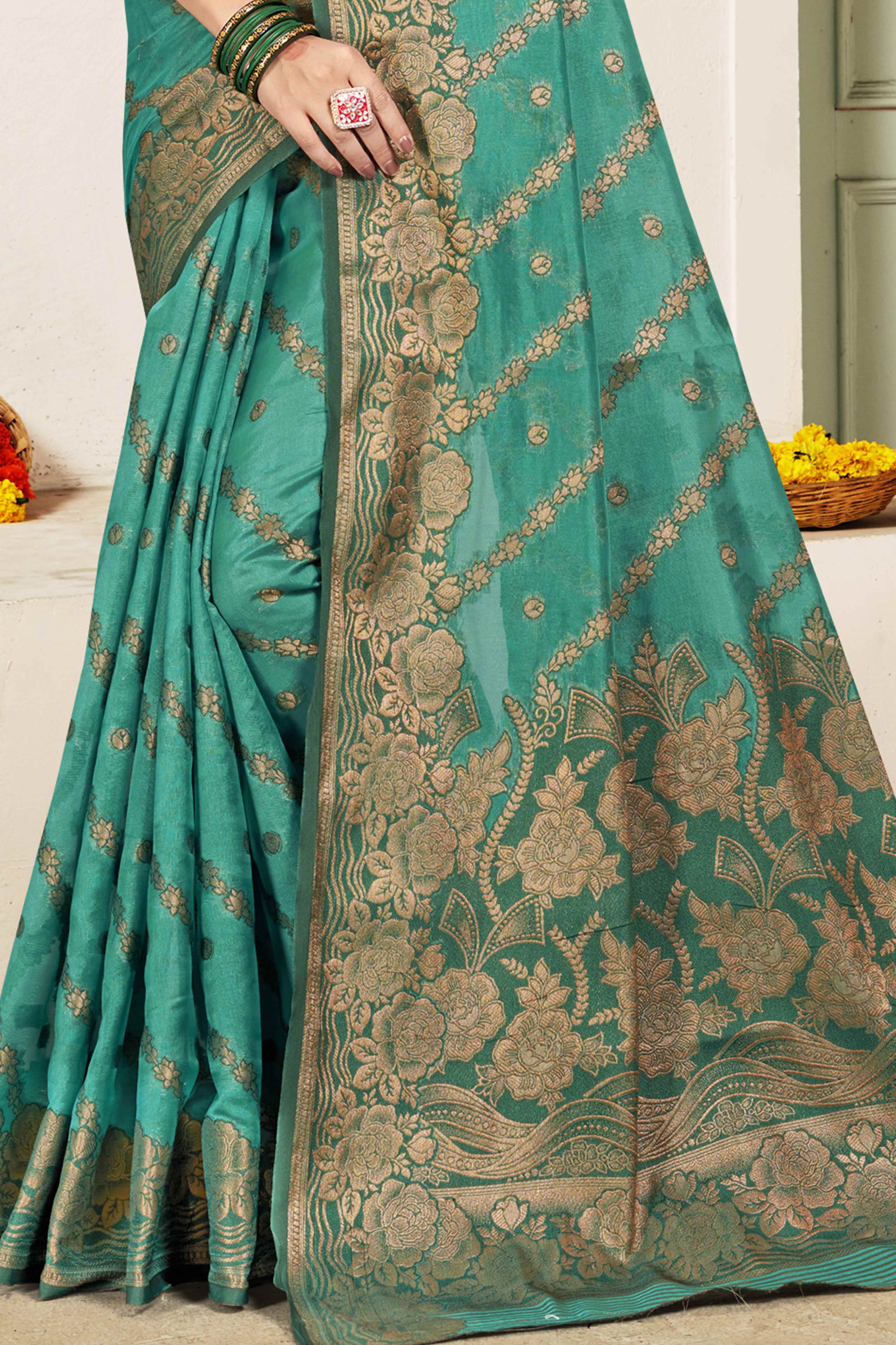 Turquoise Floral Woven Cotton Silk Saree