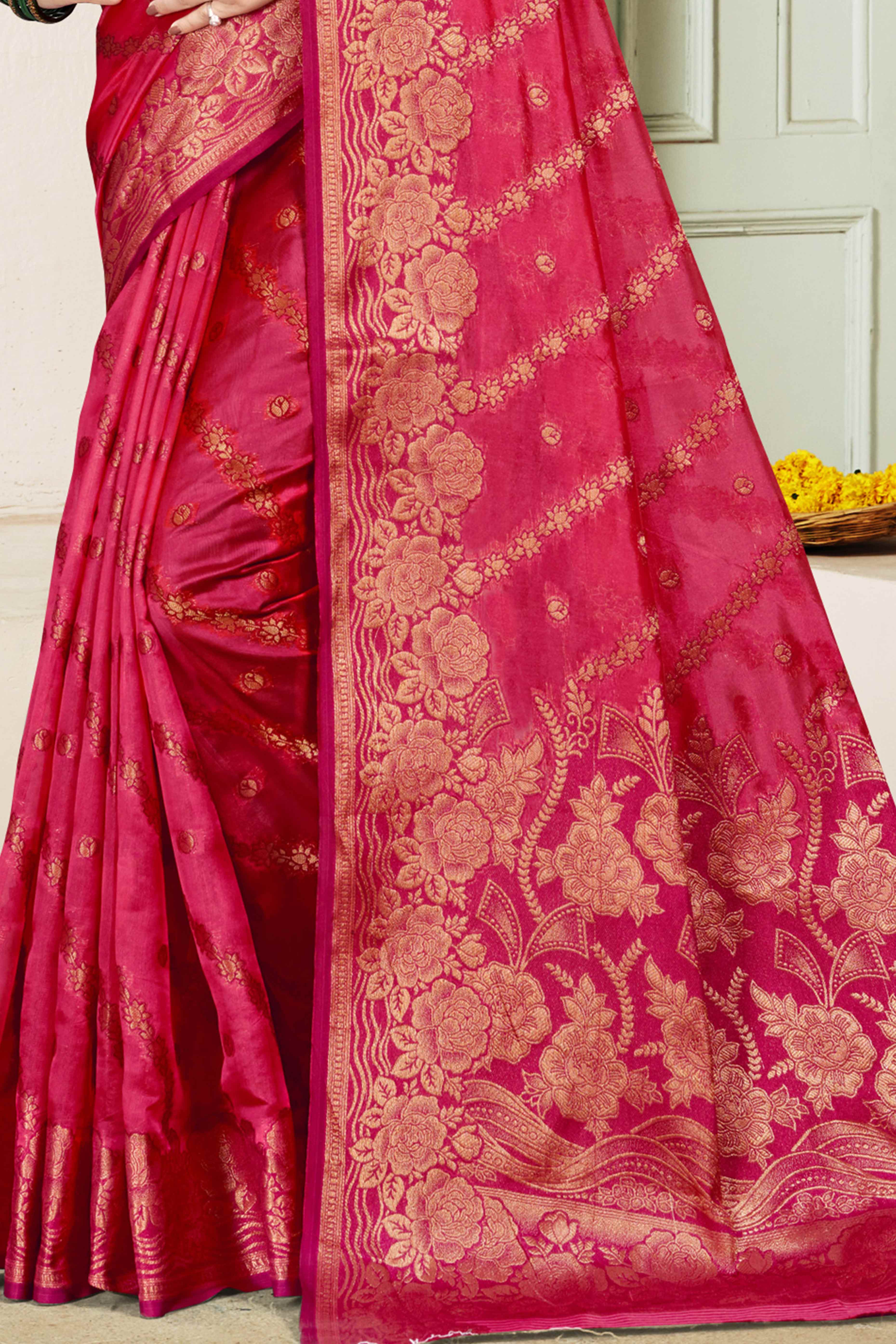 Pink Floral Woven Cotton Silk Saree
