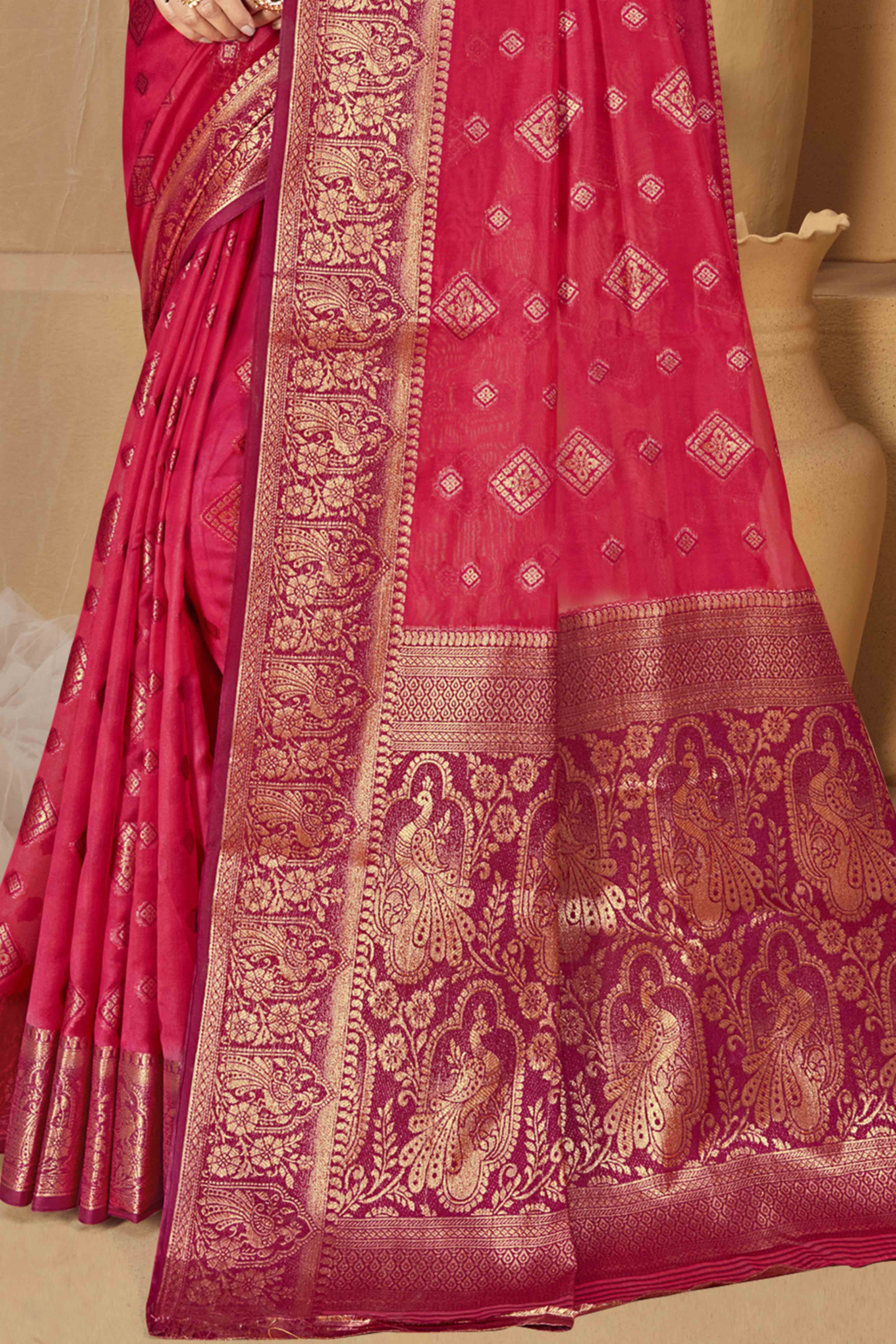 Cherry Red Floral & Peacock Pattern Zari Woven Banarasi Silk Saree