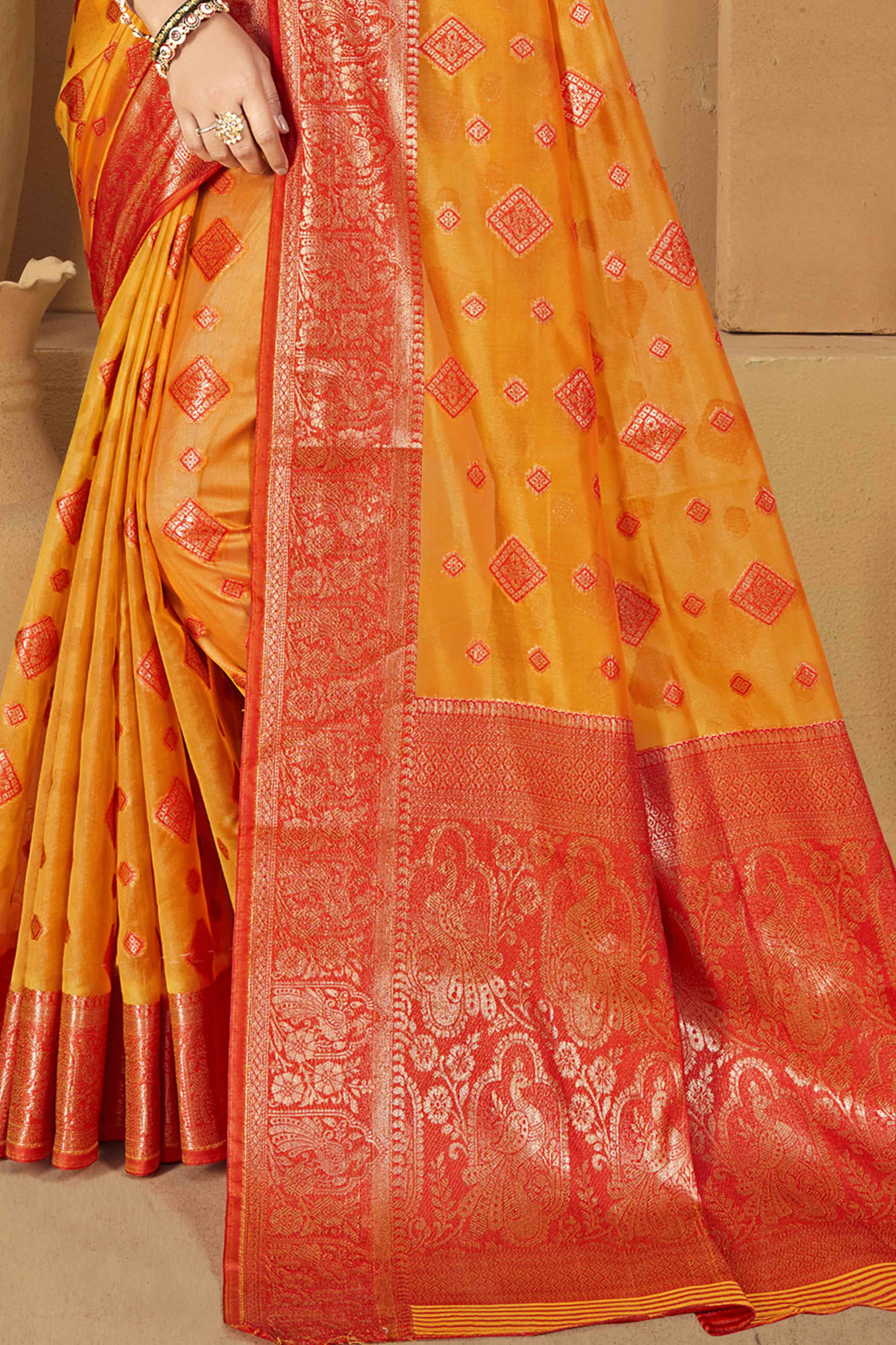 Orange Floral & Peacock Pattern Zari Woven Banarasi Silk Saree