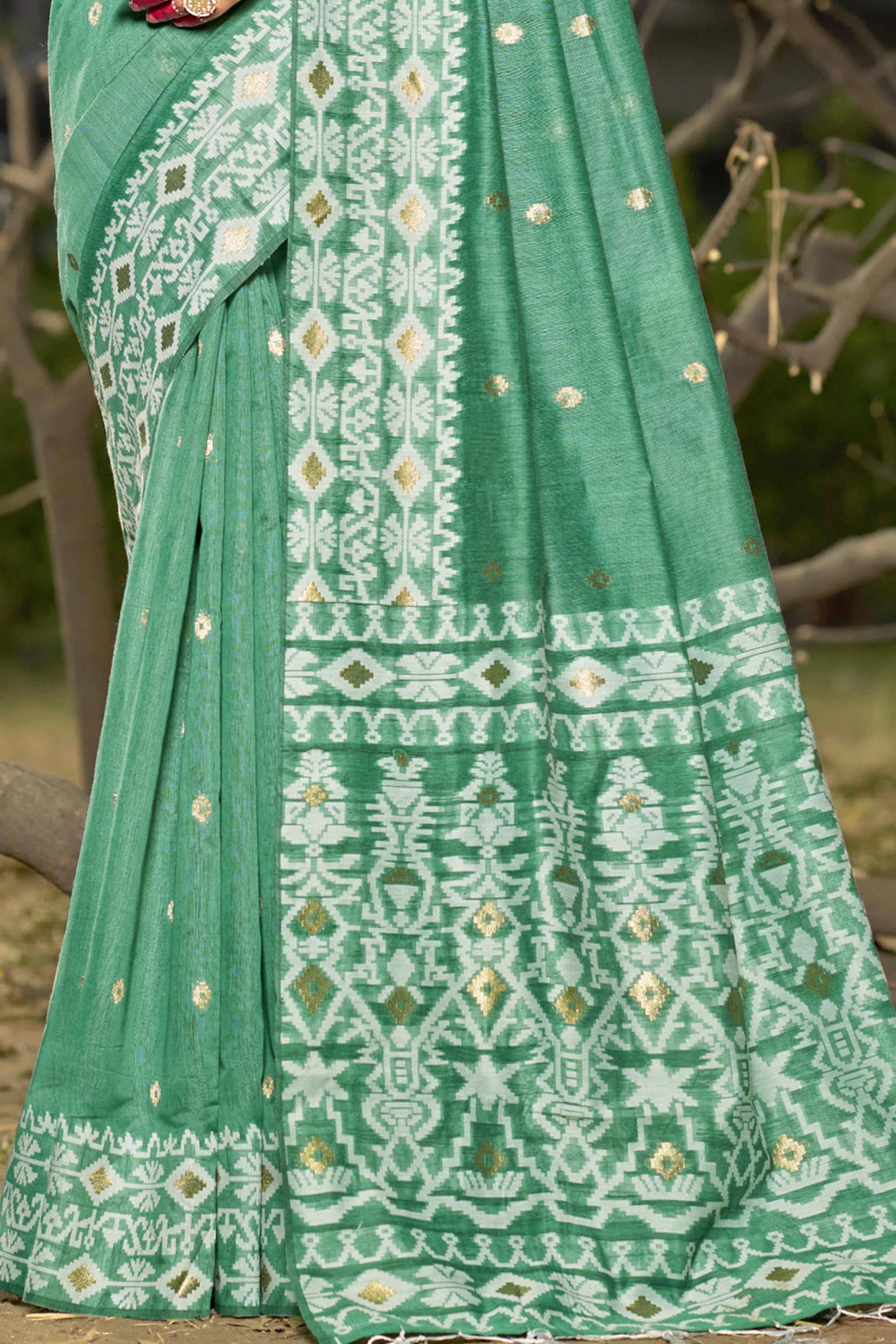 Rama Green Woven Linen Cotton Saree With Tassels