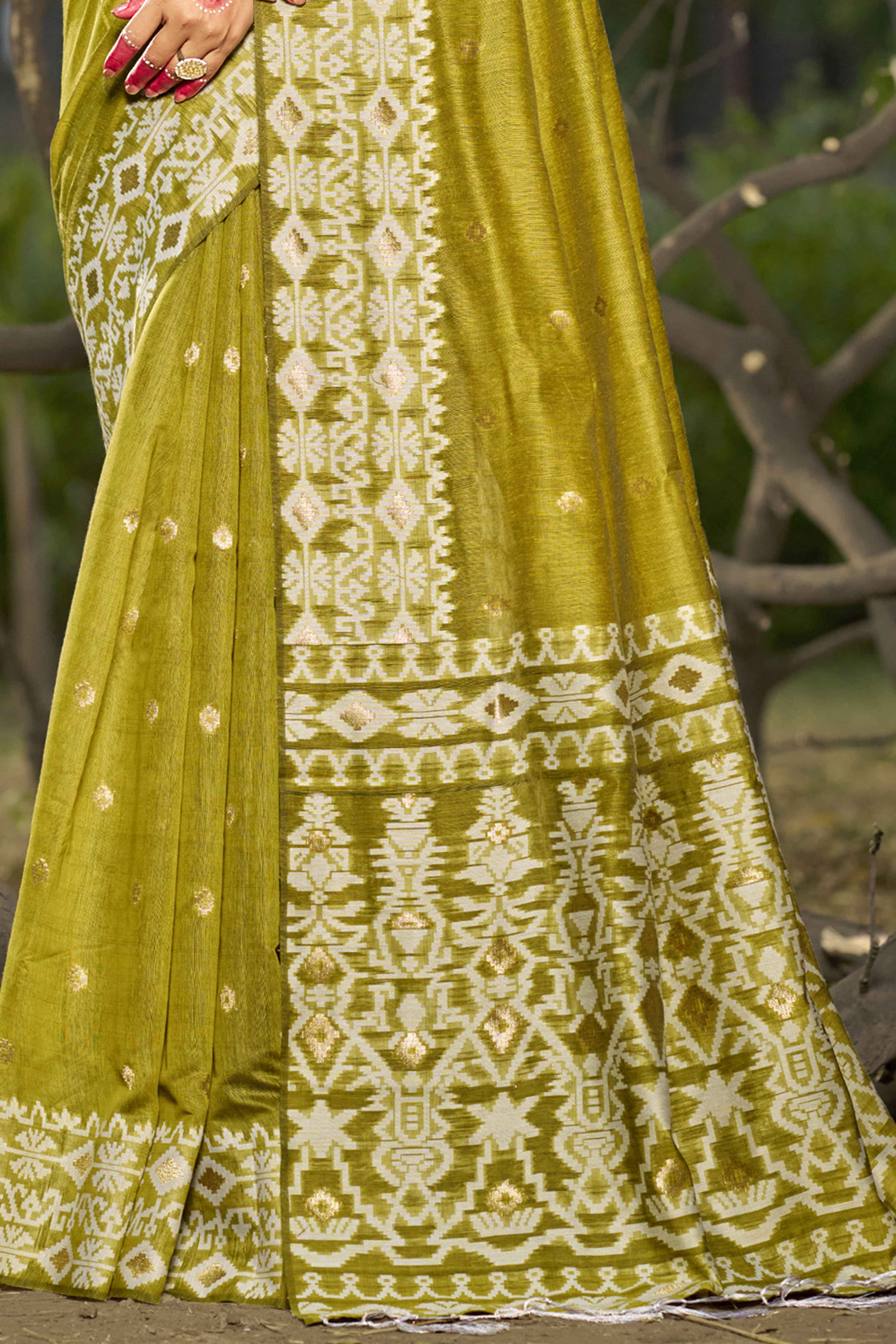 Olive Woven Linen Cotton Saree With Tassels