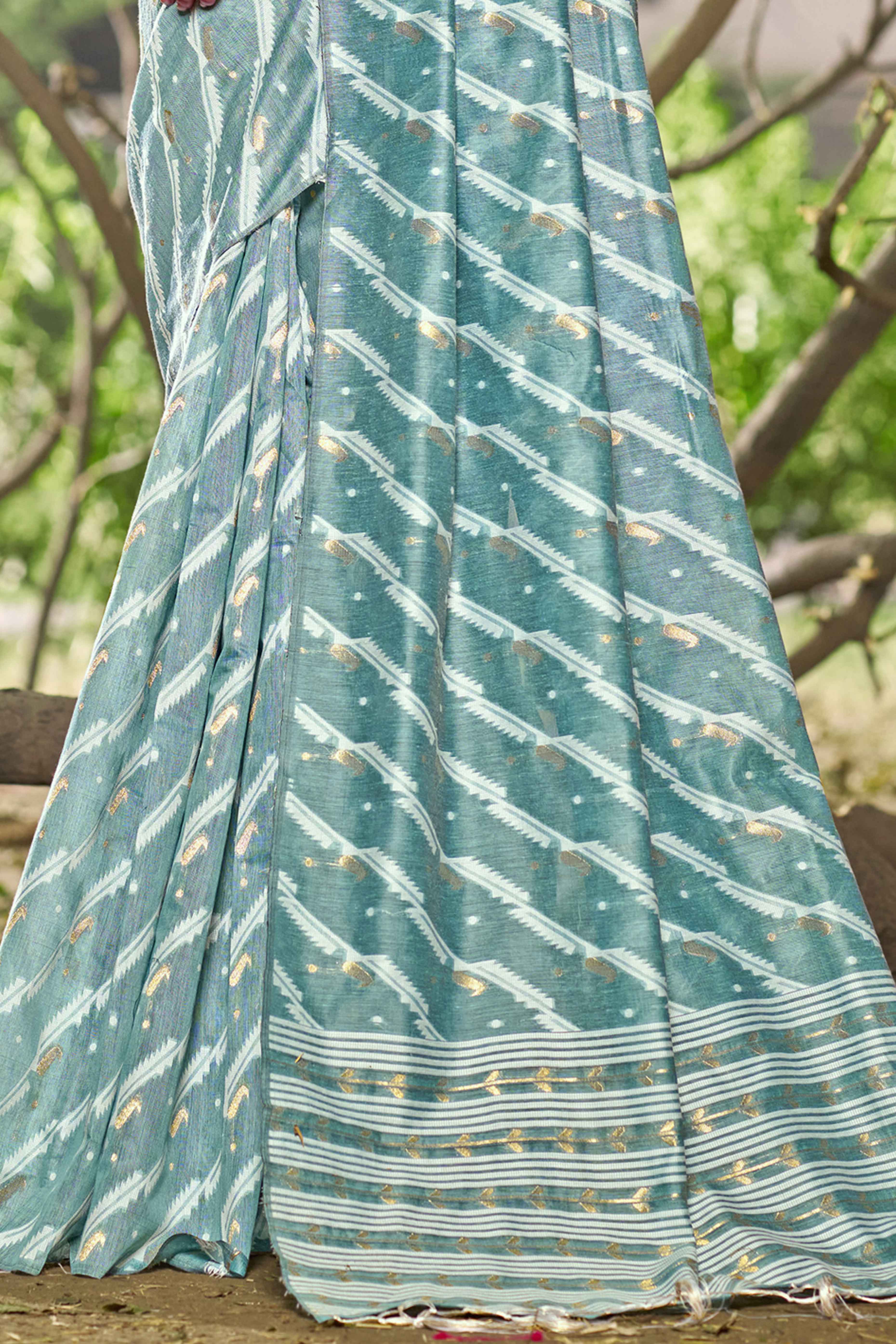 Blue Printed With Woven Linen Cotton Saree With Tassels