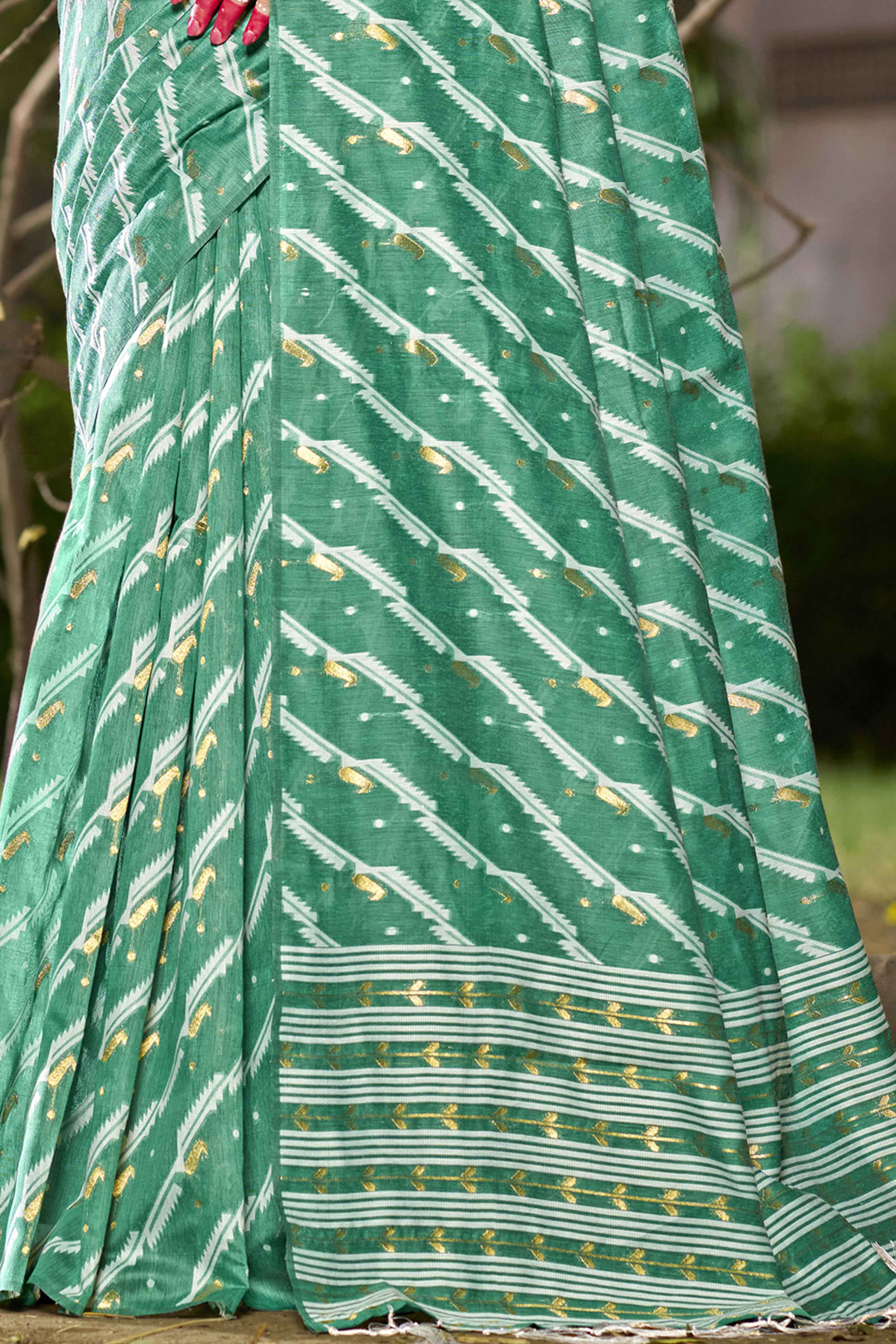 Rama Green Printed With Woven Linen Cotton Saree With Tassels